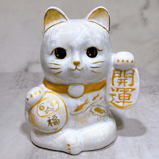日本清水燒招財貓 達摩 花結晶 白 体花