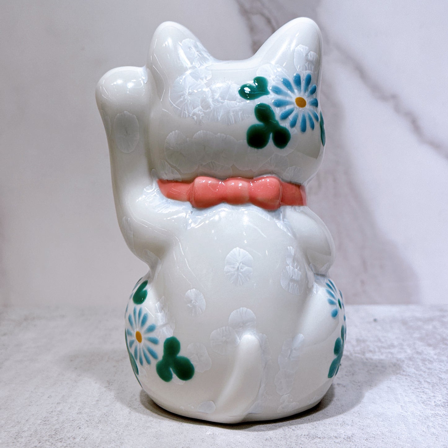 日本清水烧招财猫 花结晶 白 体花 千万两 左