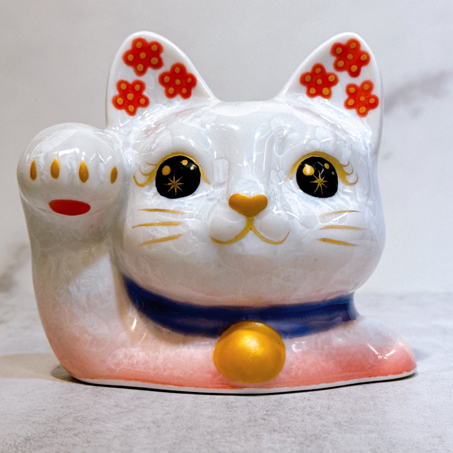日本清水燒招財貓 貓半身 花結晶 桃白