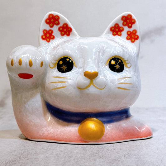 日本清水燒招財貓 貓半身 花結晶 桃白