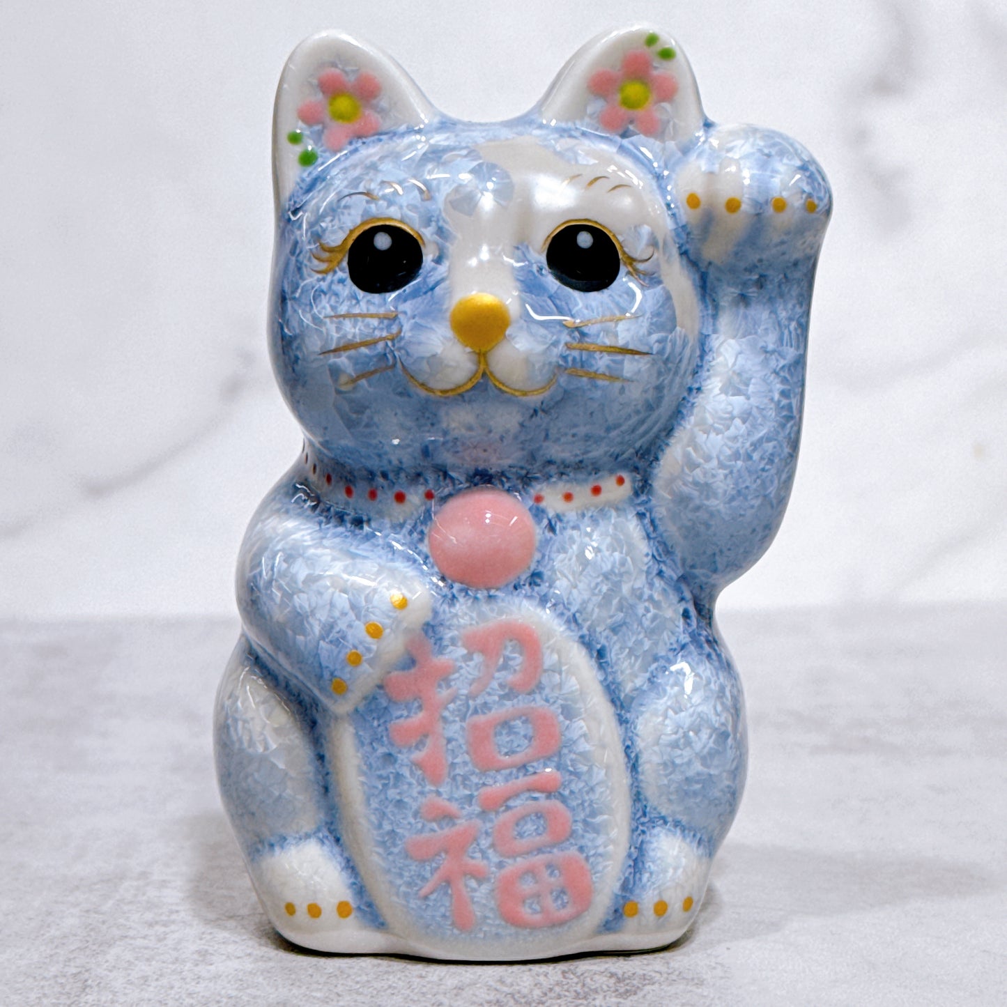 日本清水燒招財貓 花結晶 銀藤 左 特小