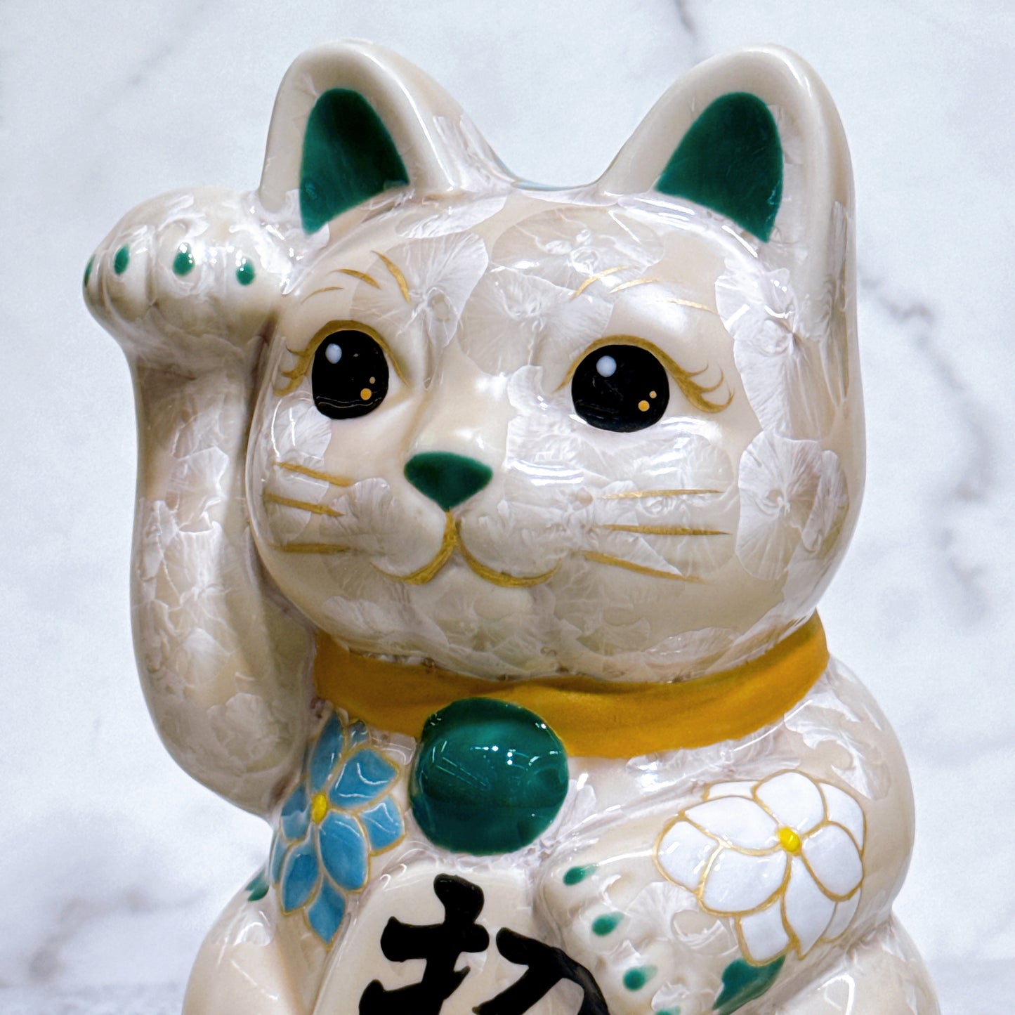 日本清水燒招財貓 花結晶 杏 招福 体花 特大 右