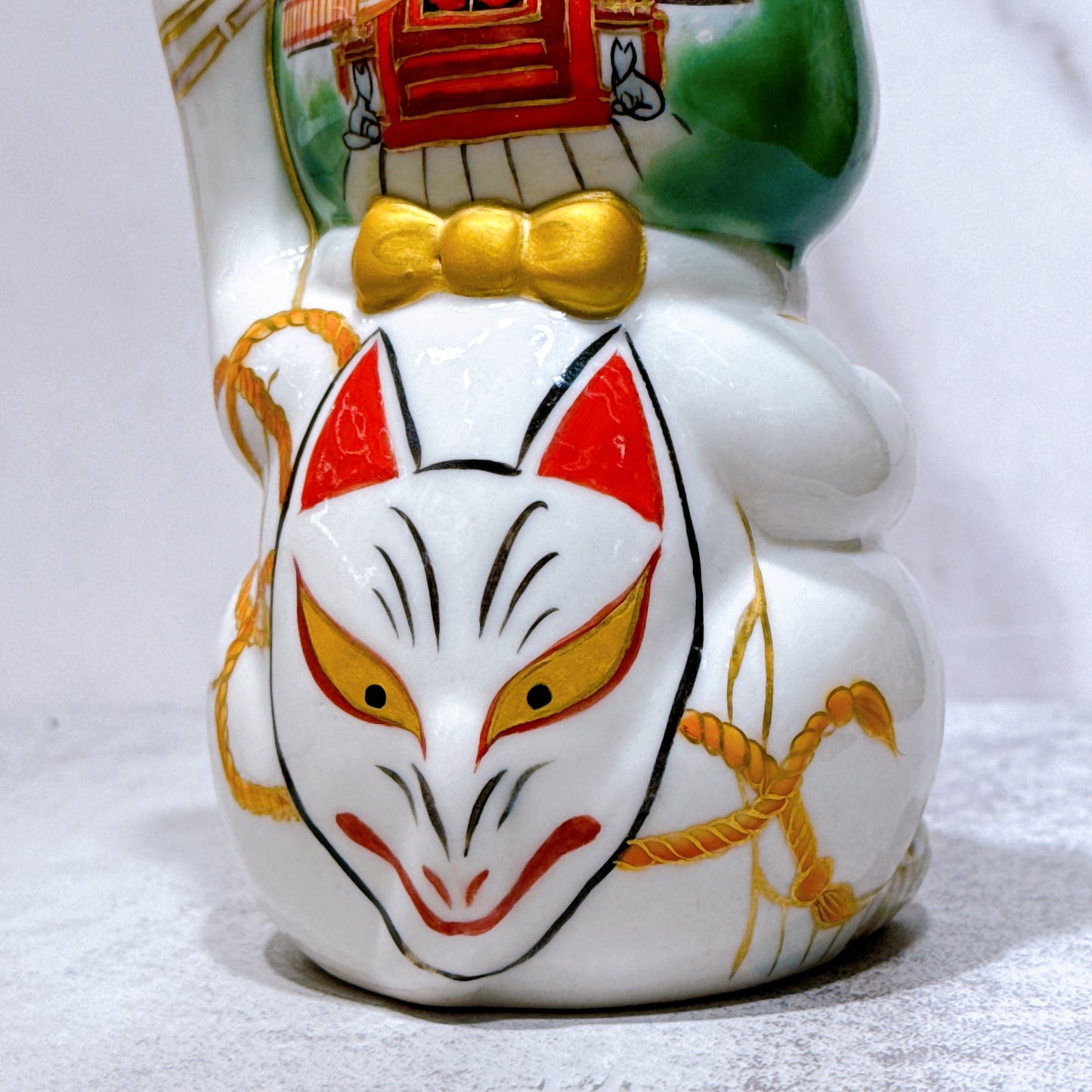 日本清水烧招财猫 色绘 白狐稻荷