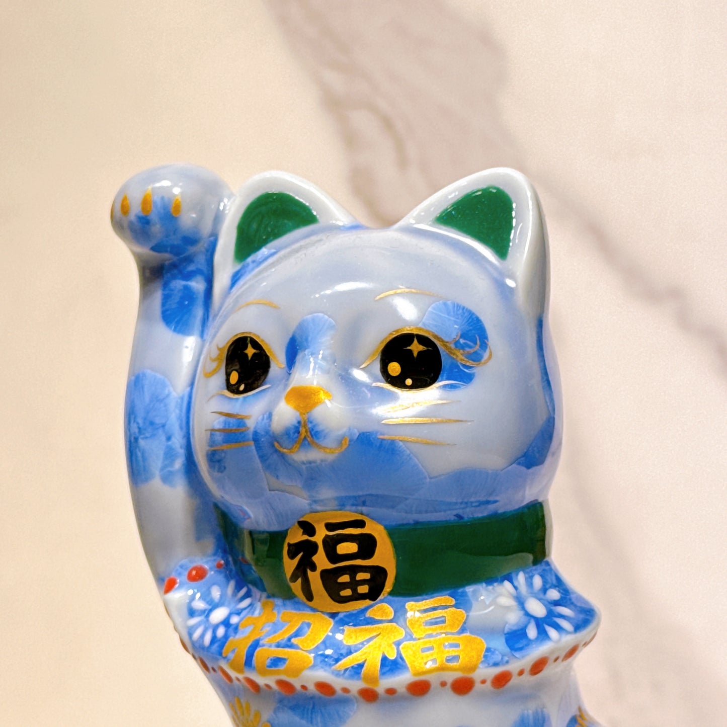 日本清水燒招財貓 花結晶 青 招福
