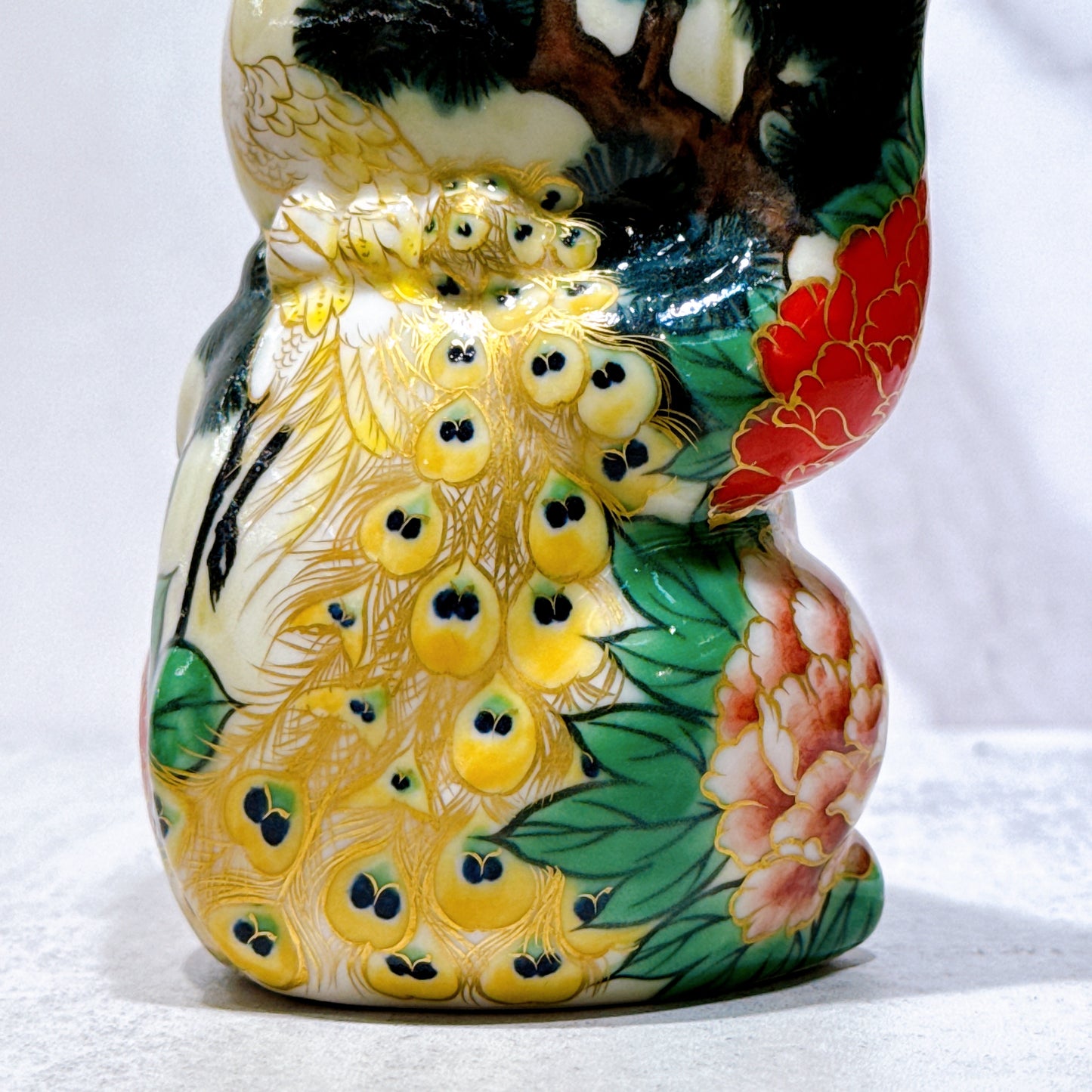 日本清水燒招財貓 色繪 孔雀