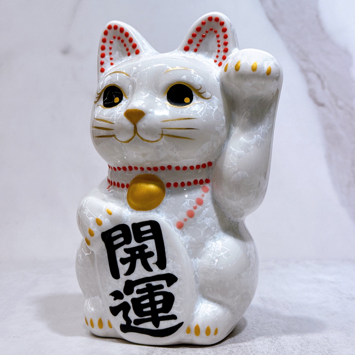 日本清水燒招財貓 花結晶 白 開運 中號