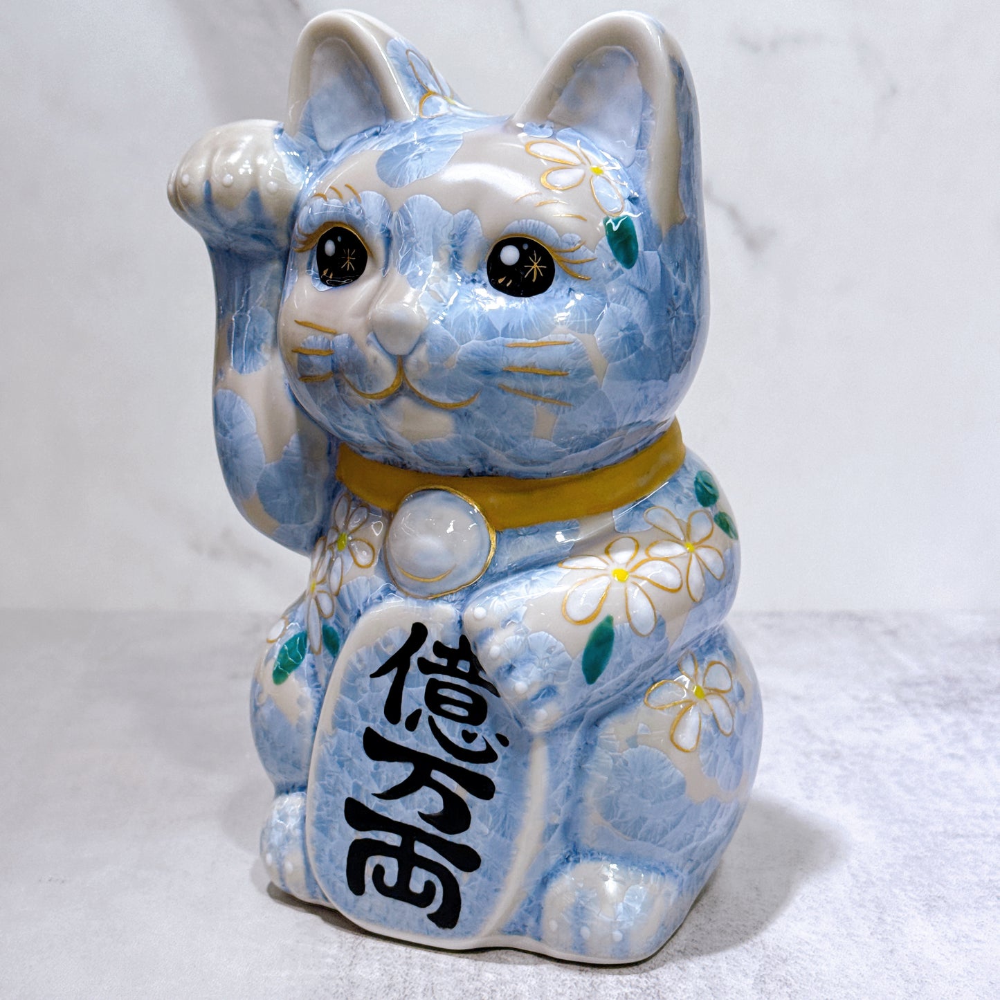 日本清水燒招財貓 花結晶 銀藤 億万両 体花 特大 右