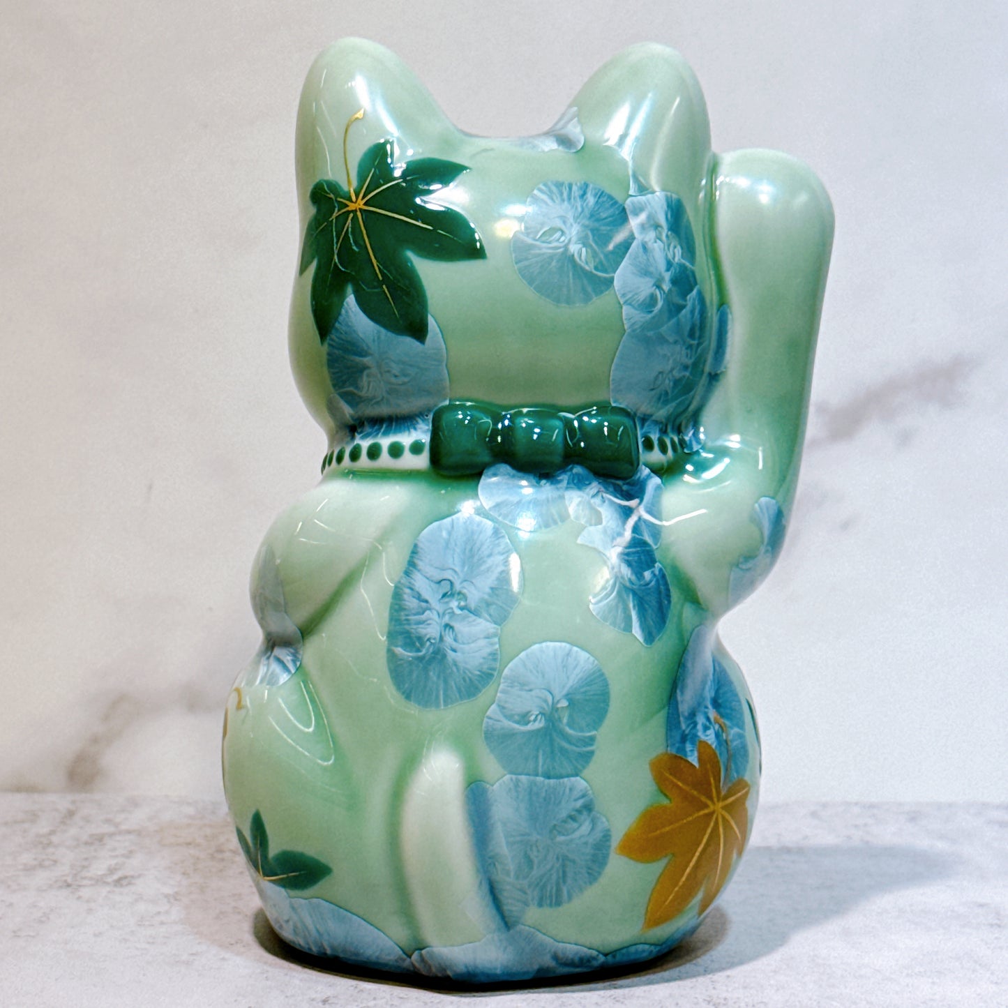 日本清水燒招財貓 花結晶 綠 億萬両 体花 右