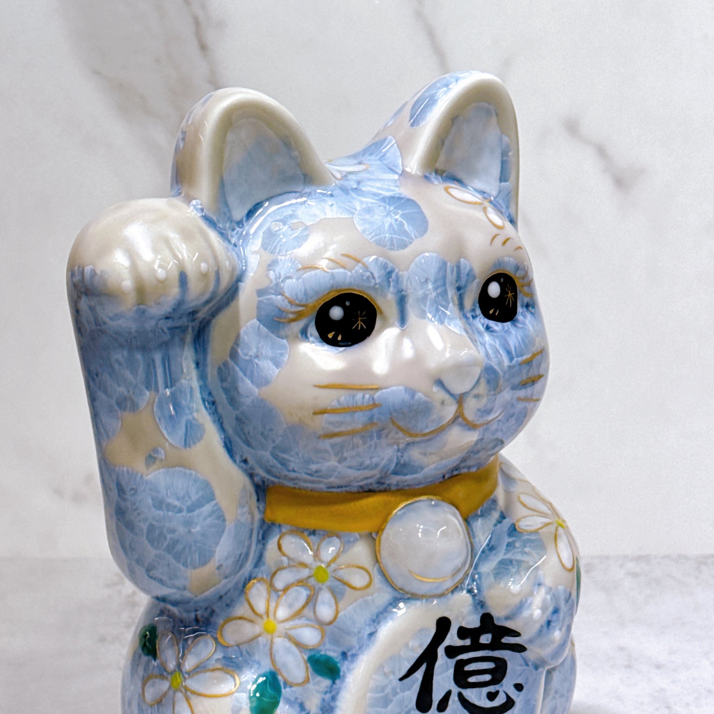 日本清水燒招財貓 花結晶 銀藤 億万両 体花 特大 右