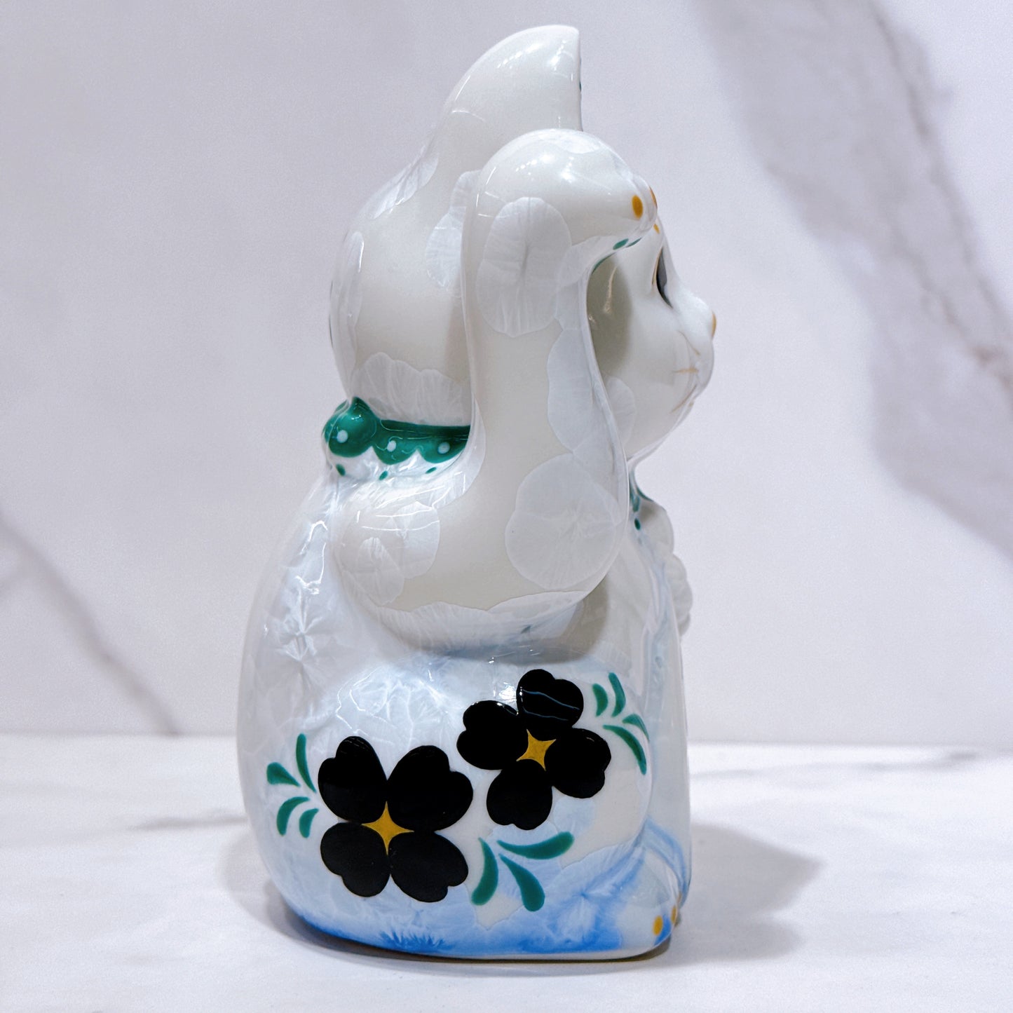 日本清水燒招財貓 花結晶 青白 体花 健康 右
