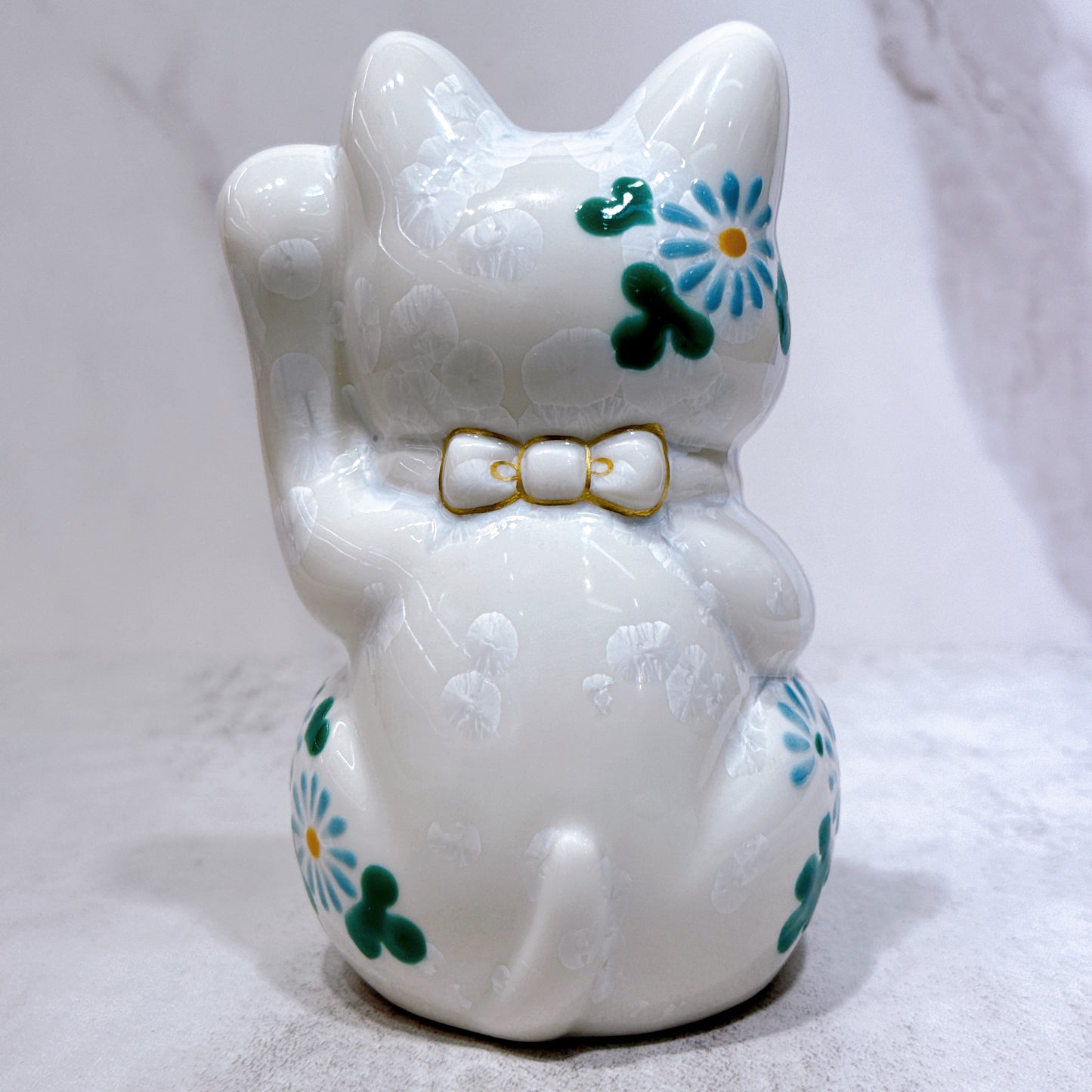 日本清水燒招財貓 花結晶 白 体花 千万両 左