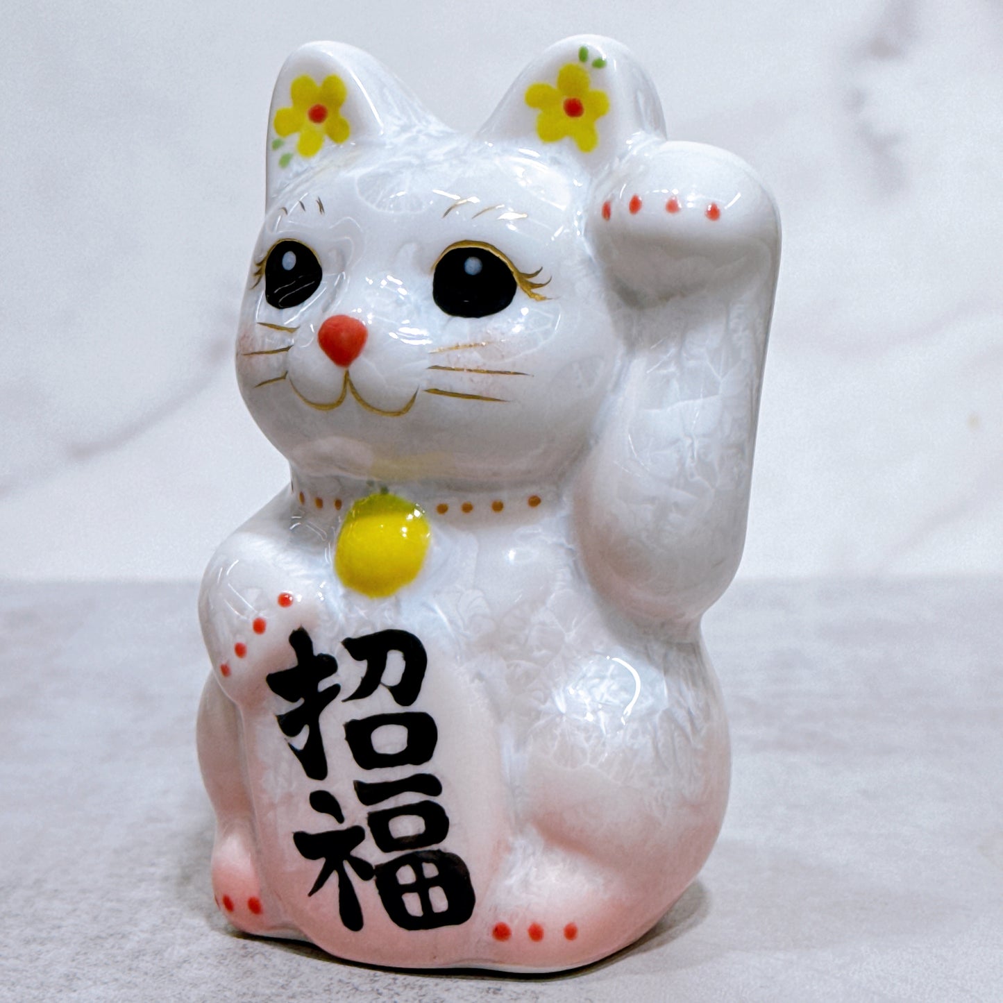 日本清水燒招財貓 花結晶 桃白 左 特小