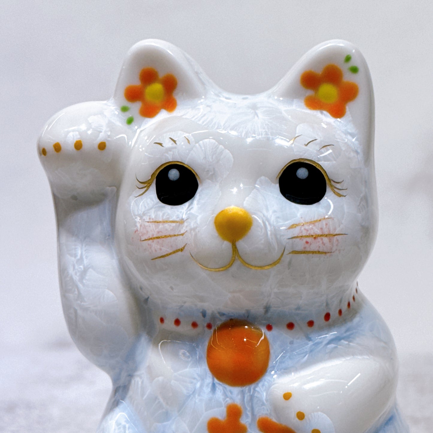 日本清水燒招財貓 花結晶 青白 右 特小