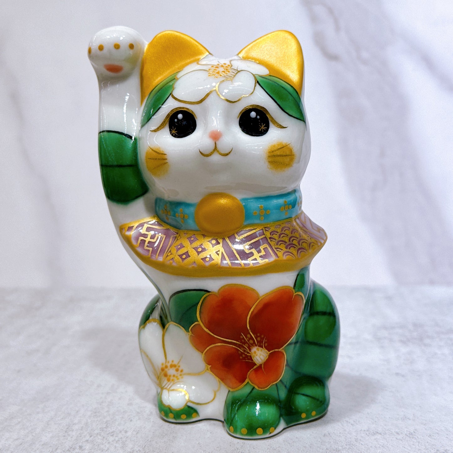 日本清水燒招財貓 色繪 白地 椿花