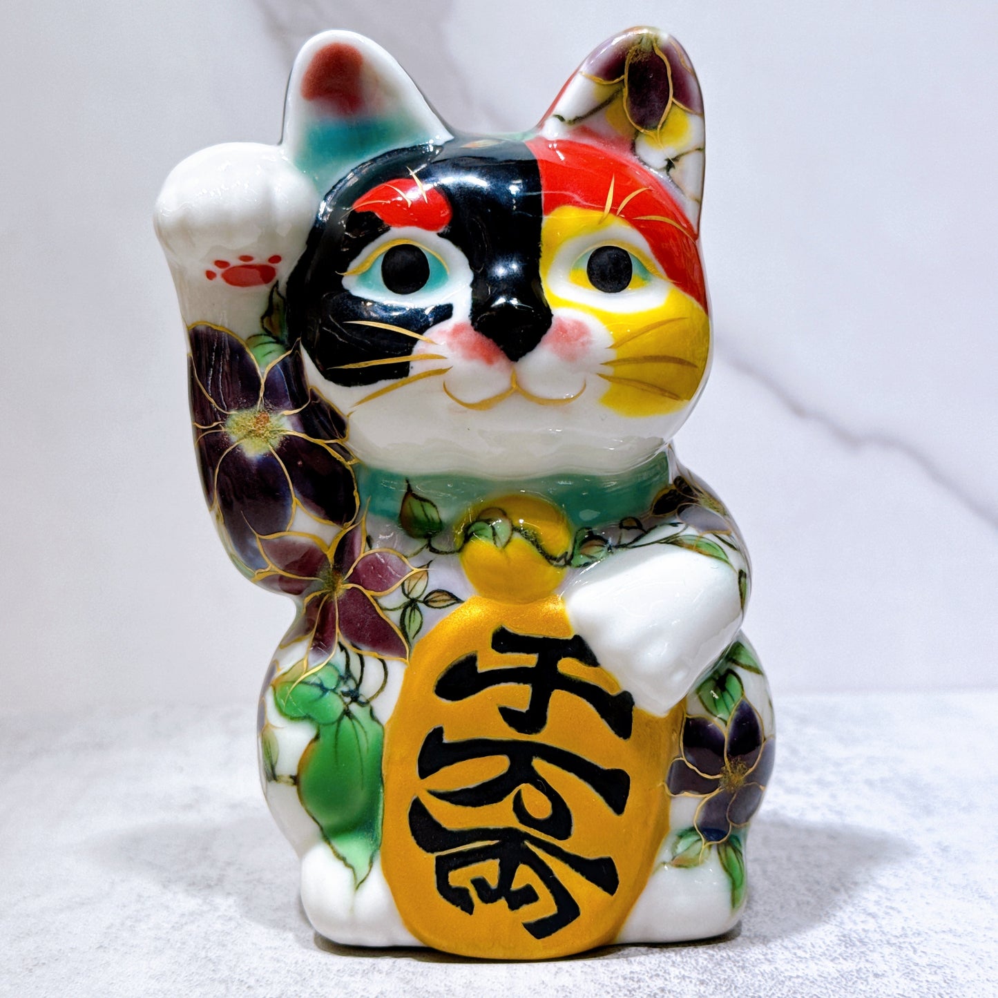 日本清水燒招財貓 色繪 鐵線