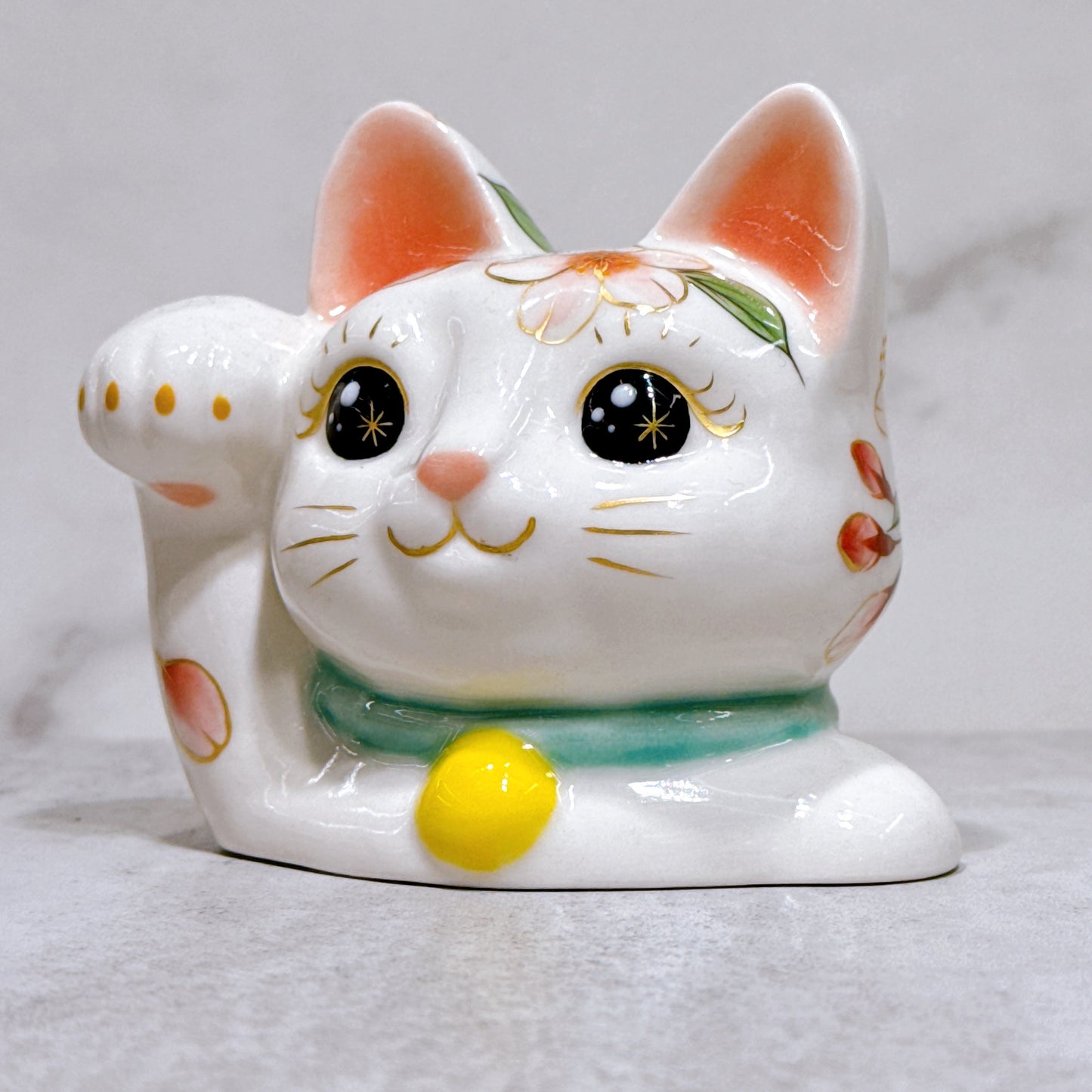 日本清水烧招财猫 色绘 猫半身 彩樱绿