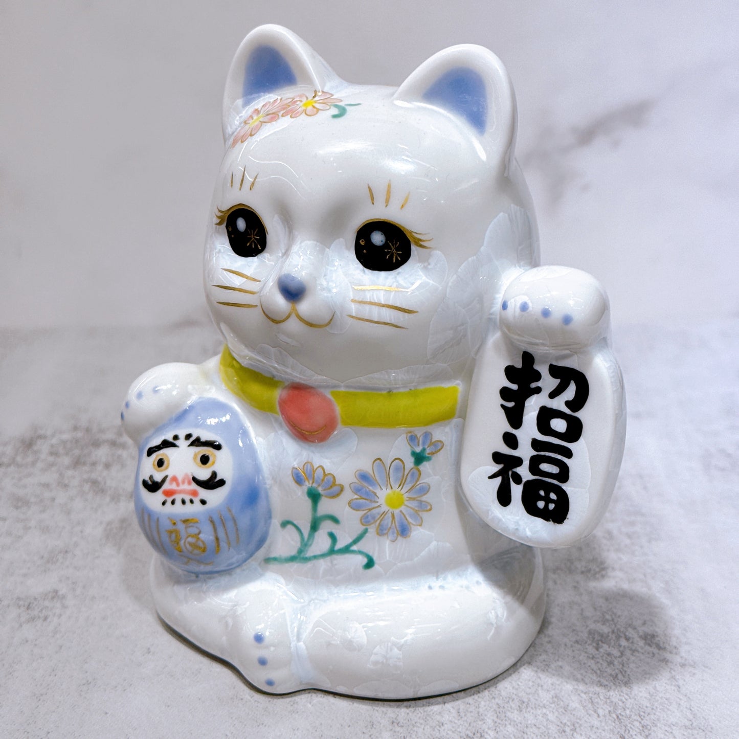 日本清水燒招財貓 達摩 花結晶 白 体花