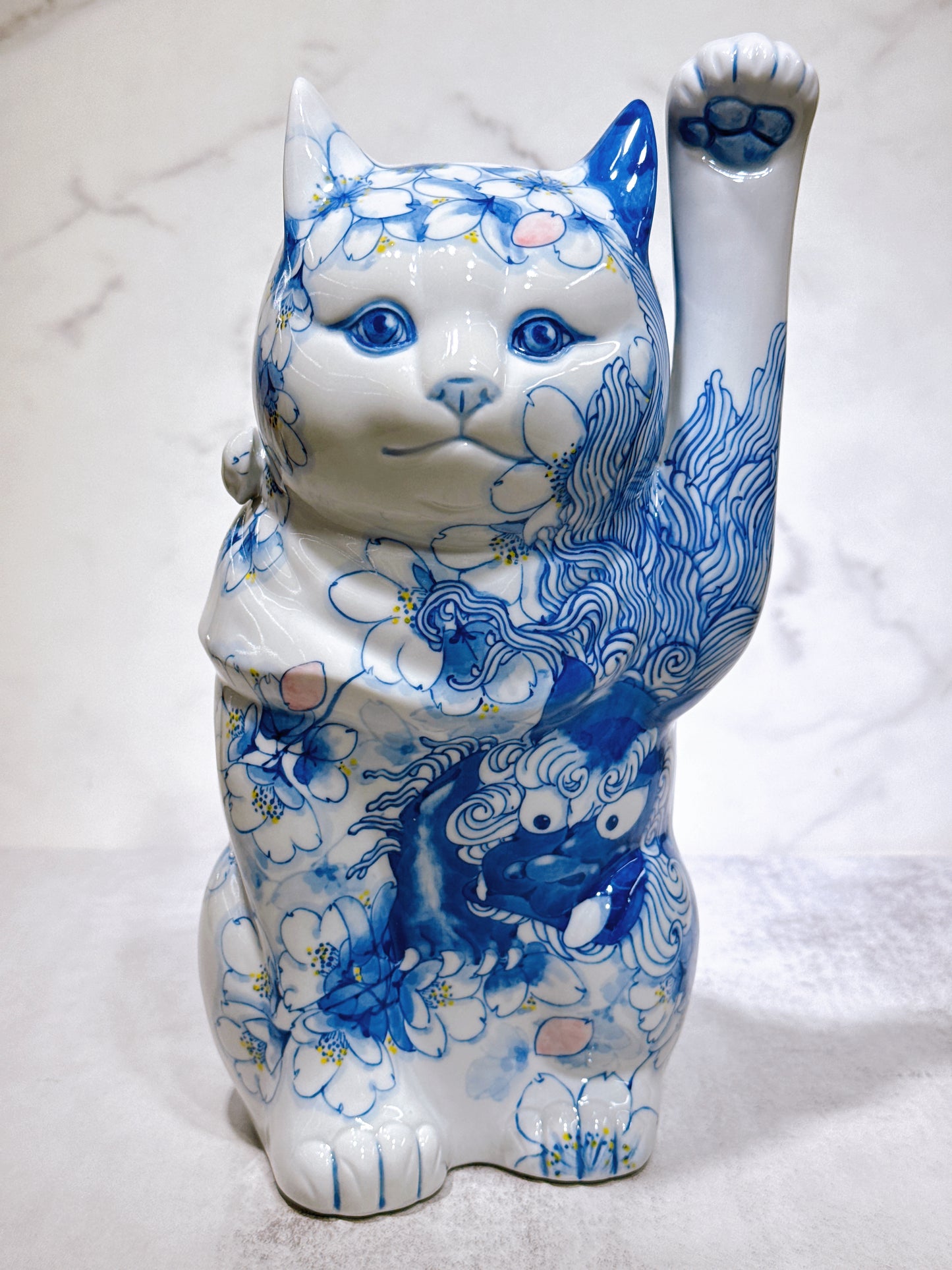 日本九谷燒招財貓 染付櫻獅子 8號