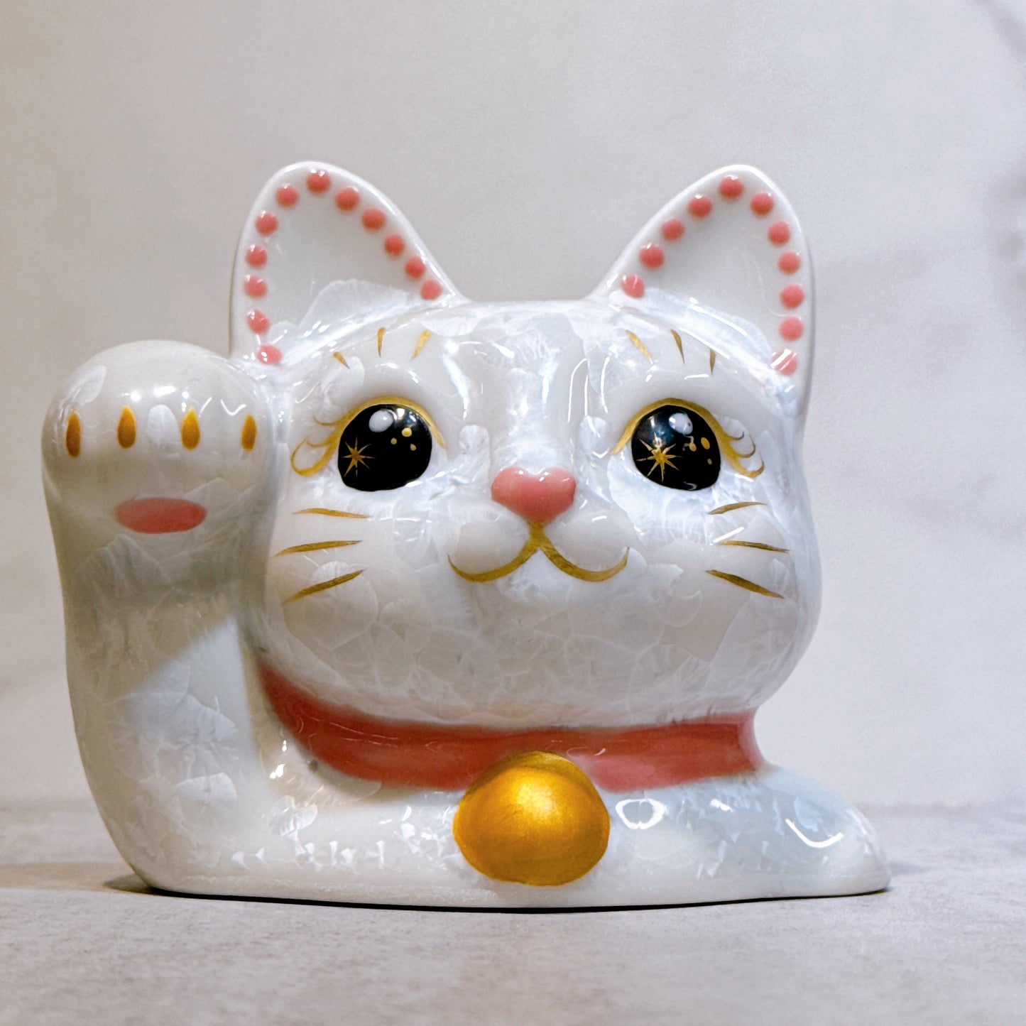 日本清水燒招財貓 貓半身 花結晶 白