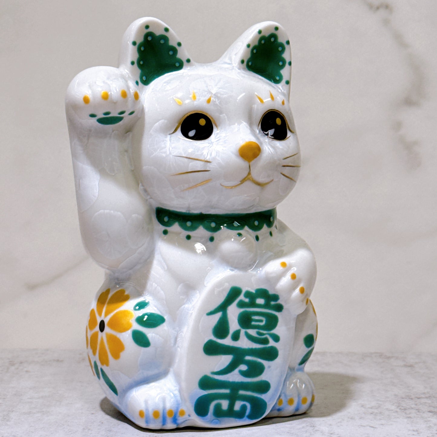 日本清水燒招財貓 花結晶 青白 億萬両 体花 右