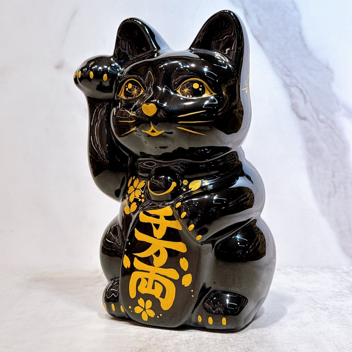 日本清水燒招財貓 色繪 黑地金櫻 特大