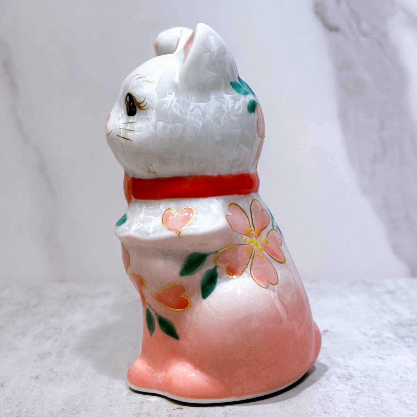 日本清水燒招財貓 花結晶 桃白 体花