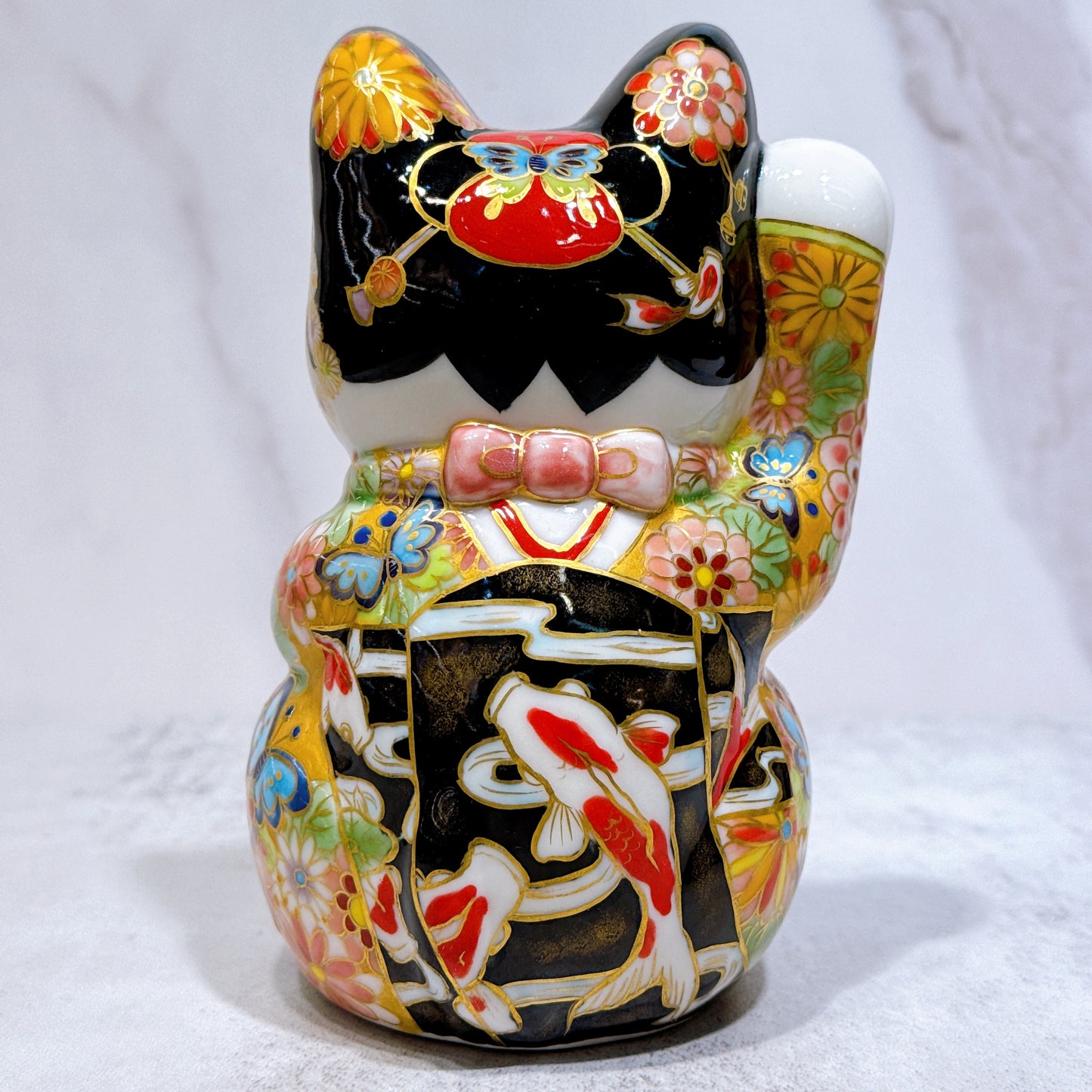 日本清水烧招财猫 色绘 舞妓 黄金牡丹鲤
