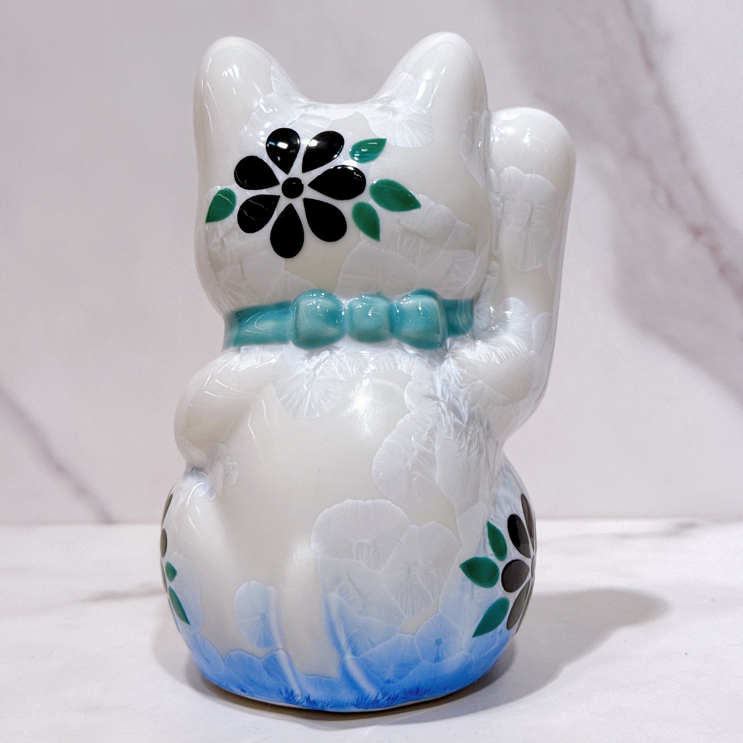 日本清水燒招財貓 花結晶 青白 体花 招福 右