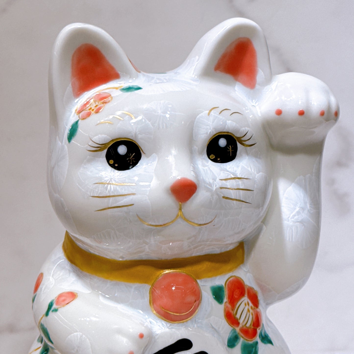 日本清水燒招財貓 花結晶 青白 千万両 体花 特大 左