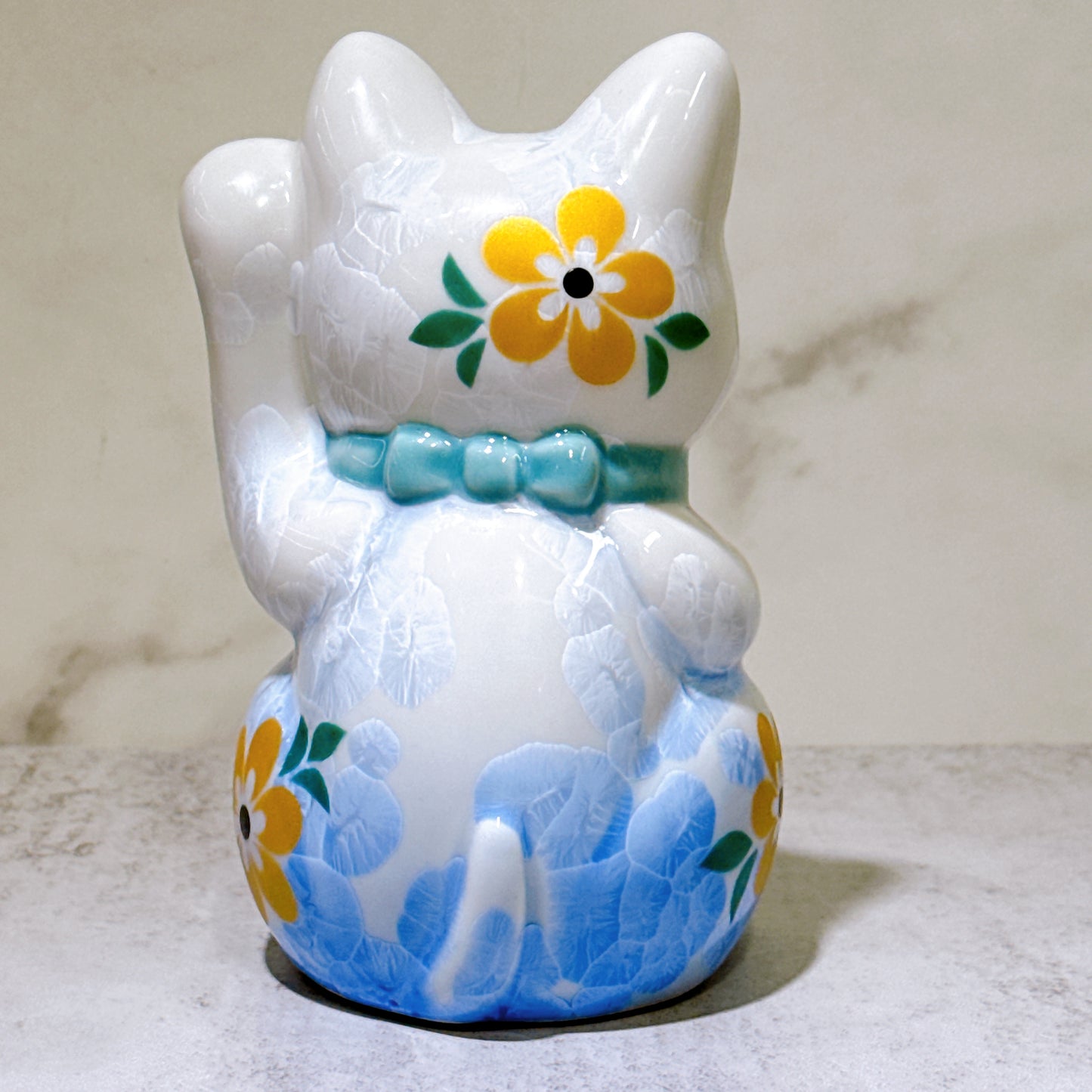 日本清水燒招財貓 花結晶 青白 千萬両 体花 左