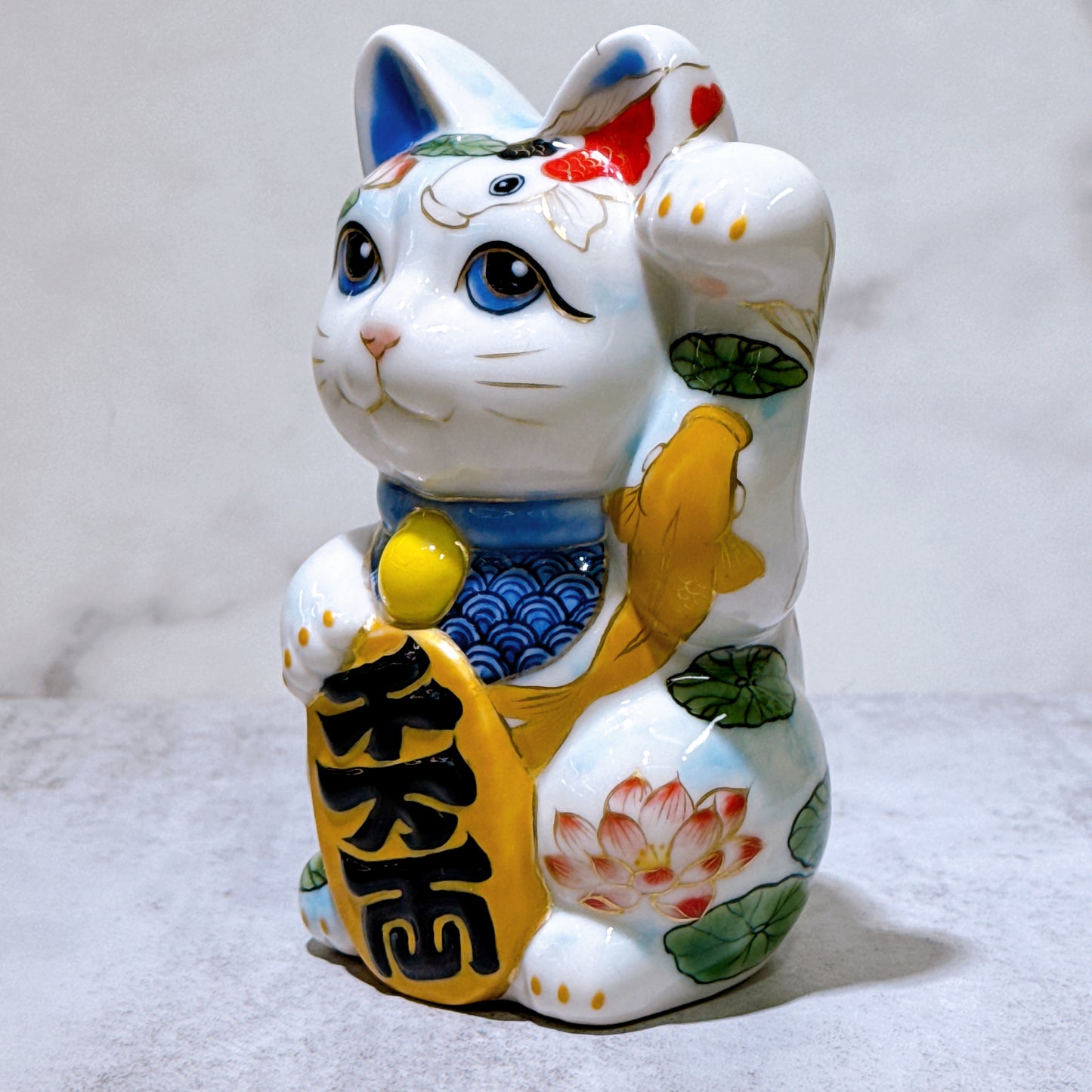 日本清水燒招財貓 色繪 鯉