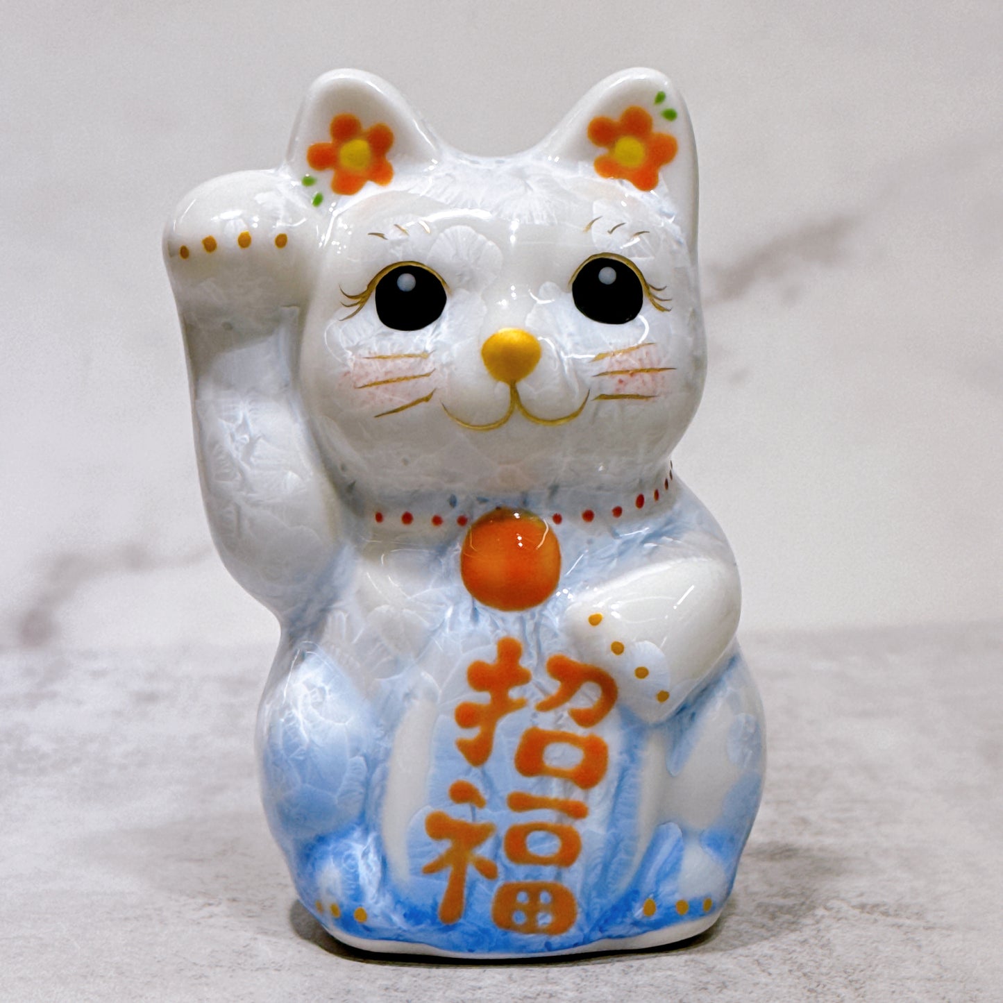 日本清水燒招財貓 花結晶 青白 右 特小