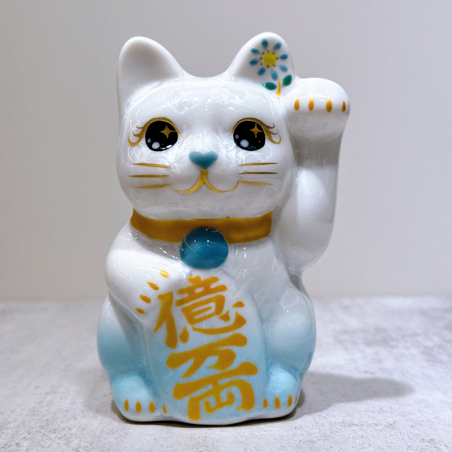 日本清水燒招財貓 花結晶 水色 億万両 左 特小