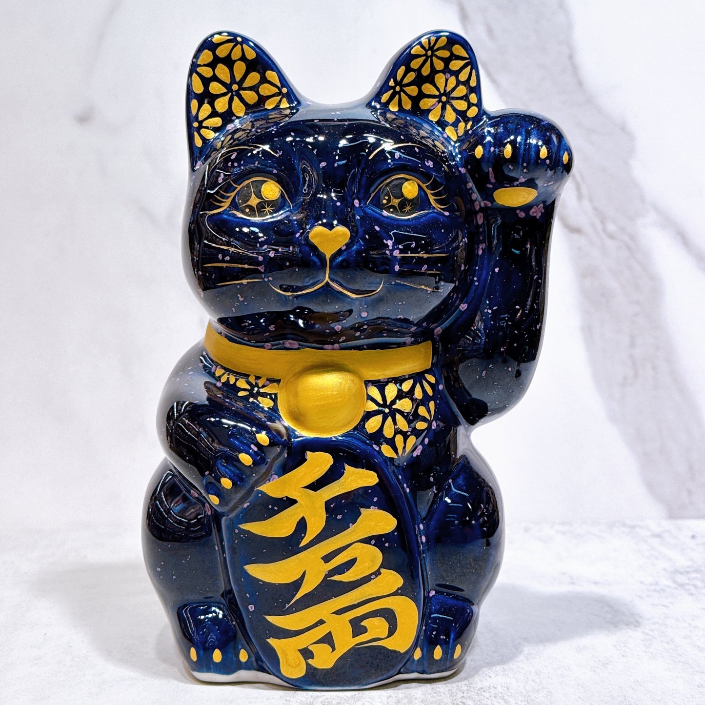 日本清水燒招財貓 透輝石 花紫 金彩 特大