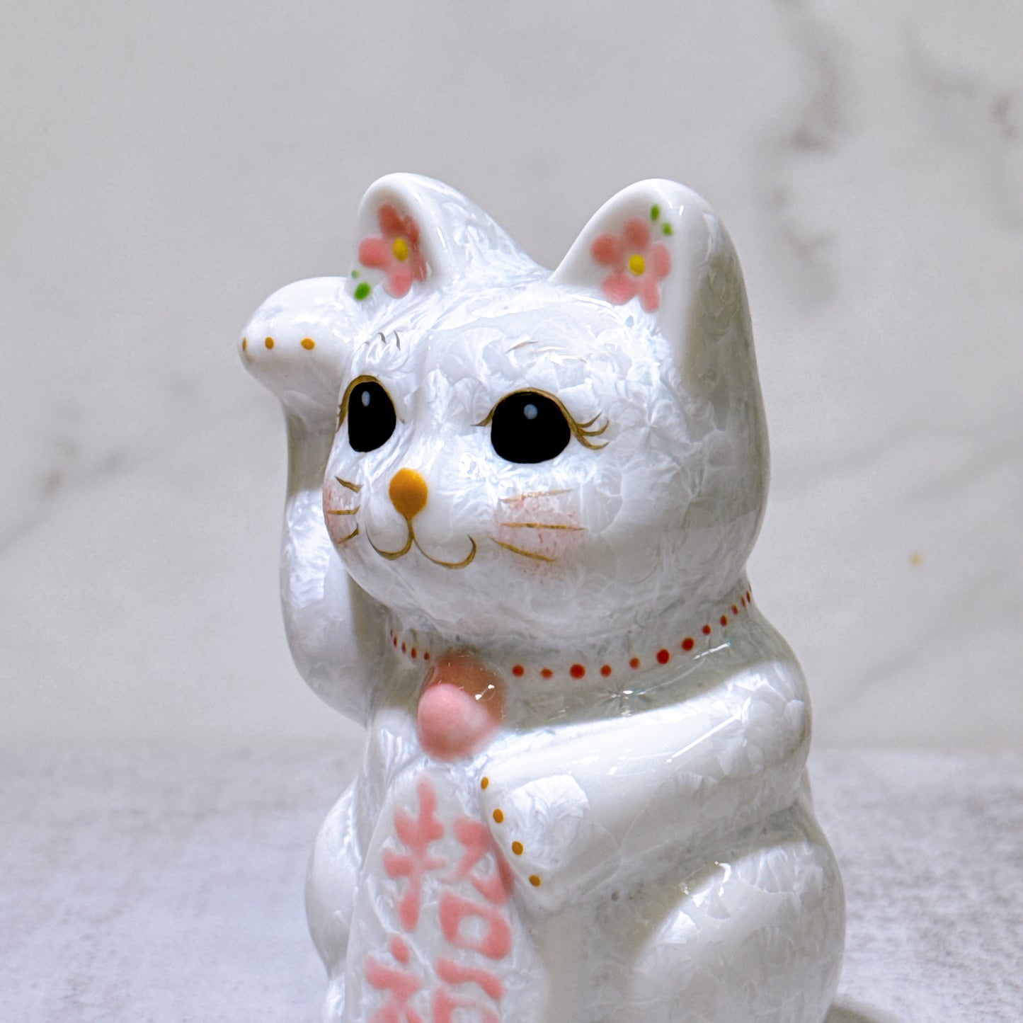 日本清水燒招財貓 花結晶 白 招福 右 特小