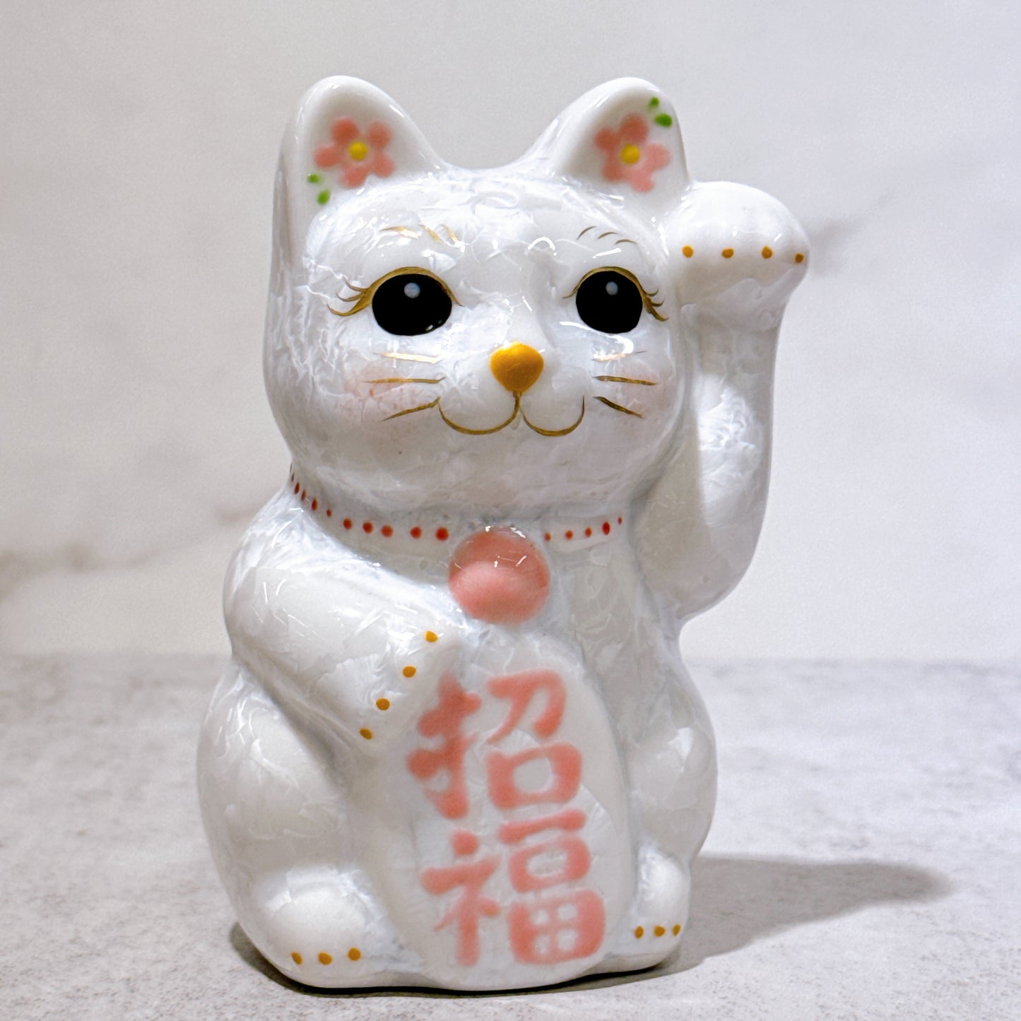日本清水燒招財貓 花結晶 白 招福 左 特小