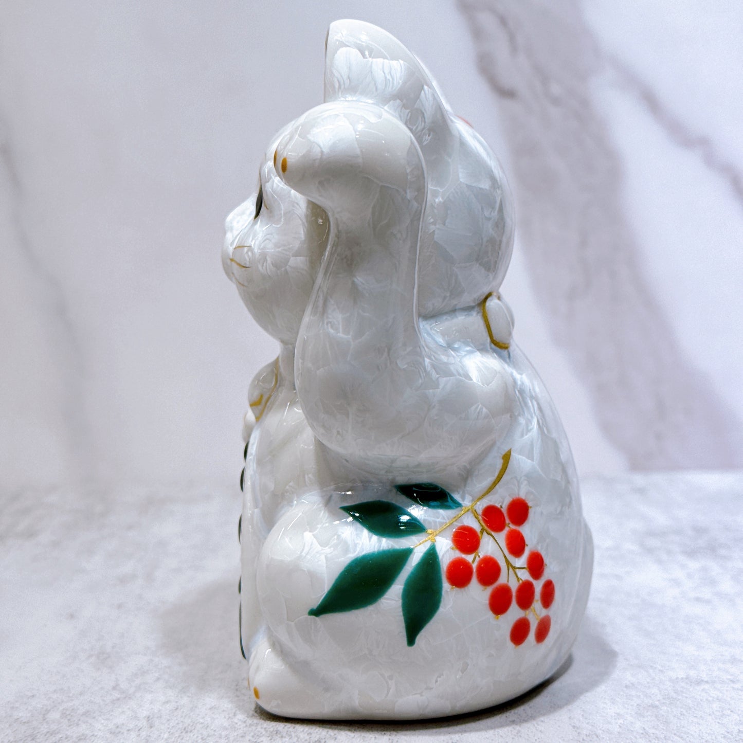 日本清水燒招財貓 花結晶 白 体花 千万両 左