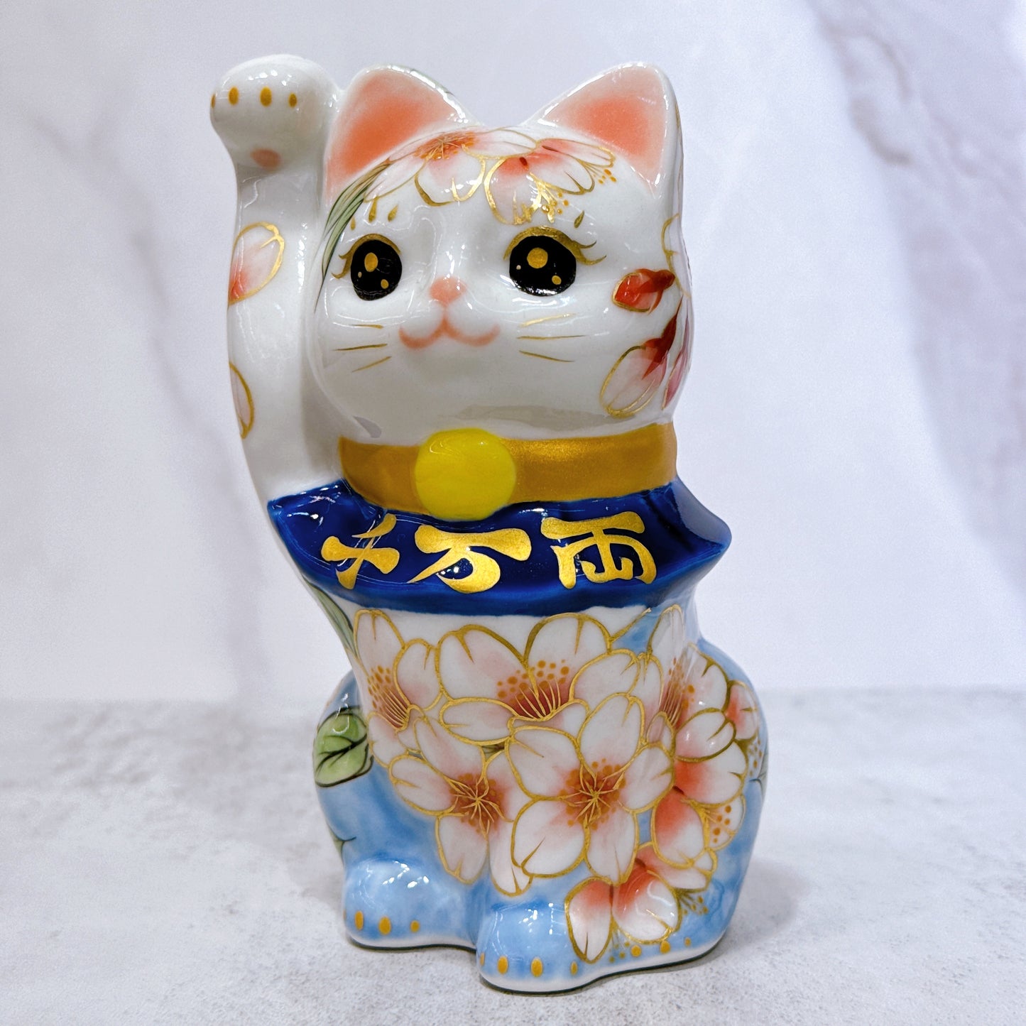 日本清水燒招財貓 色繪 富士櫻
