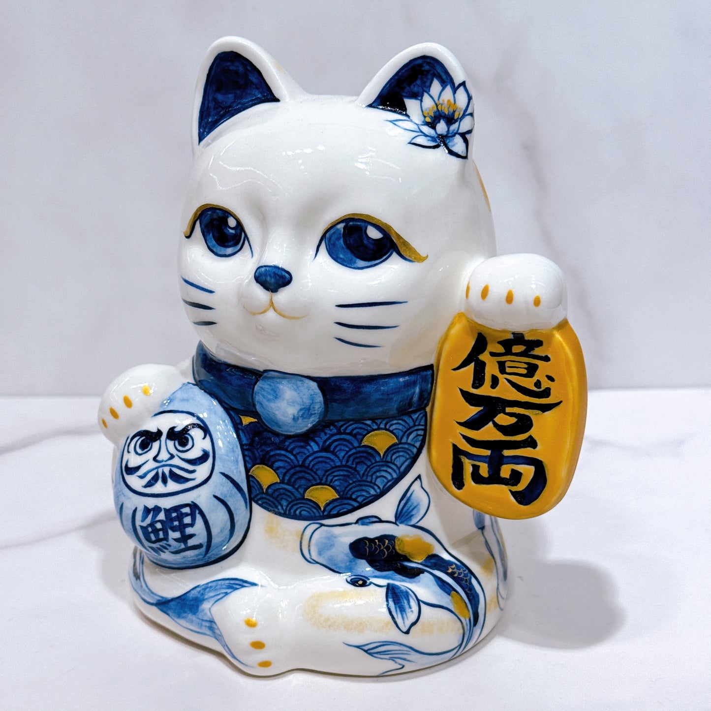 日本清水燒招財貓 達摩 染付 鯉