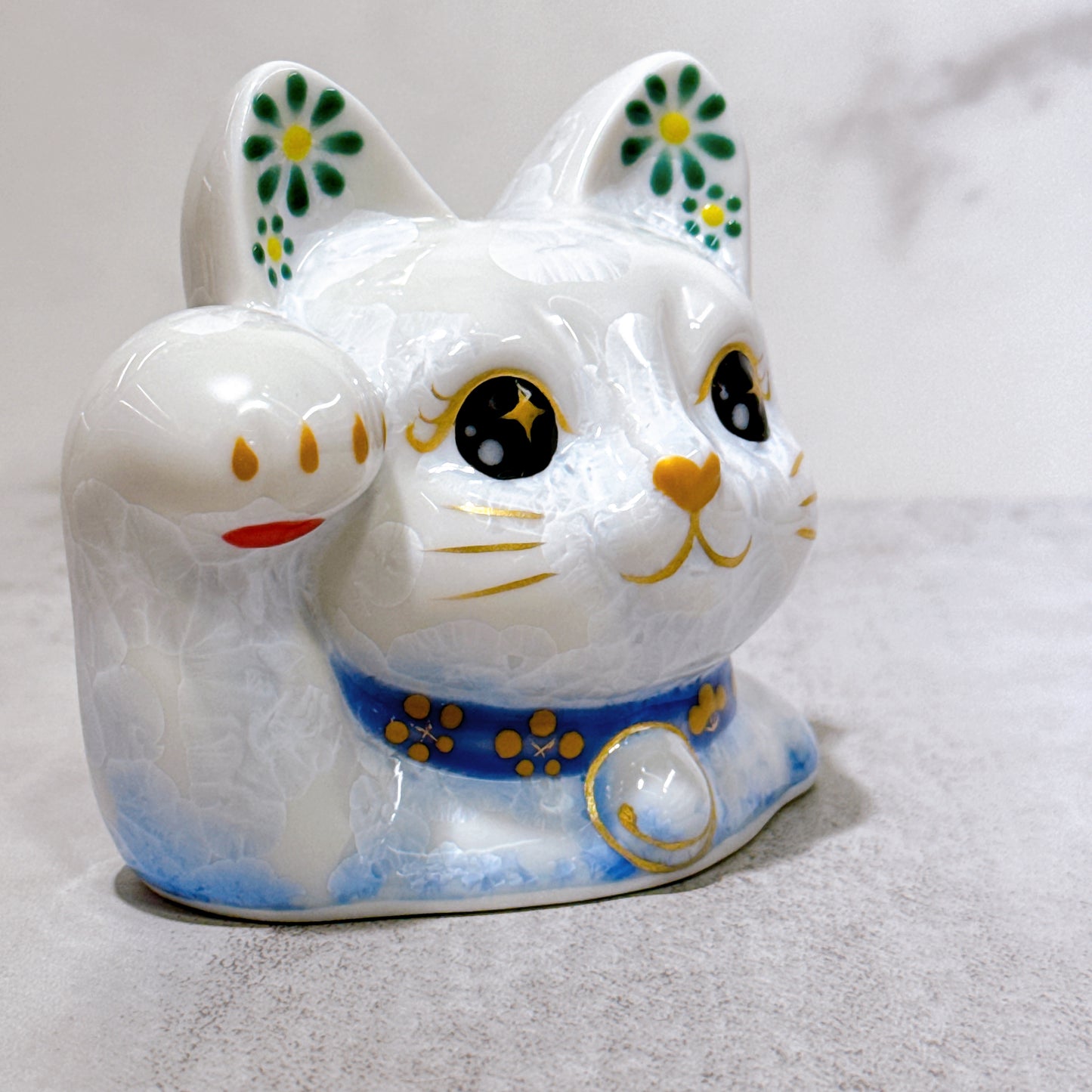 日本清水燒招財貓 貓半身 花結晶 青白