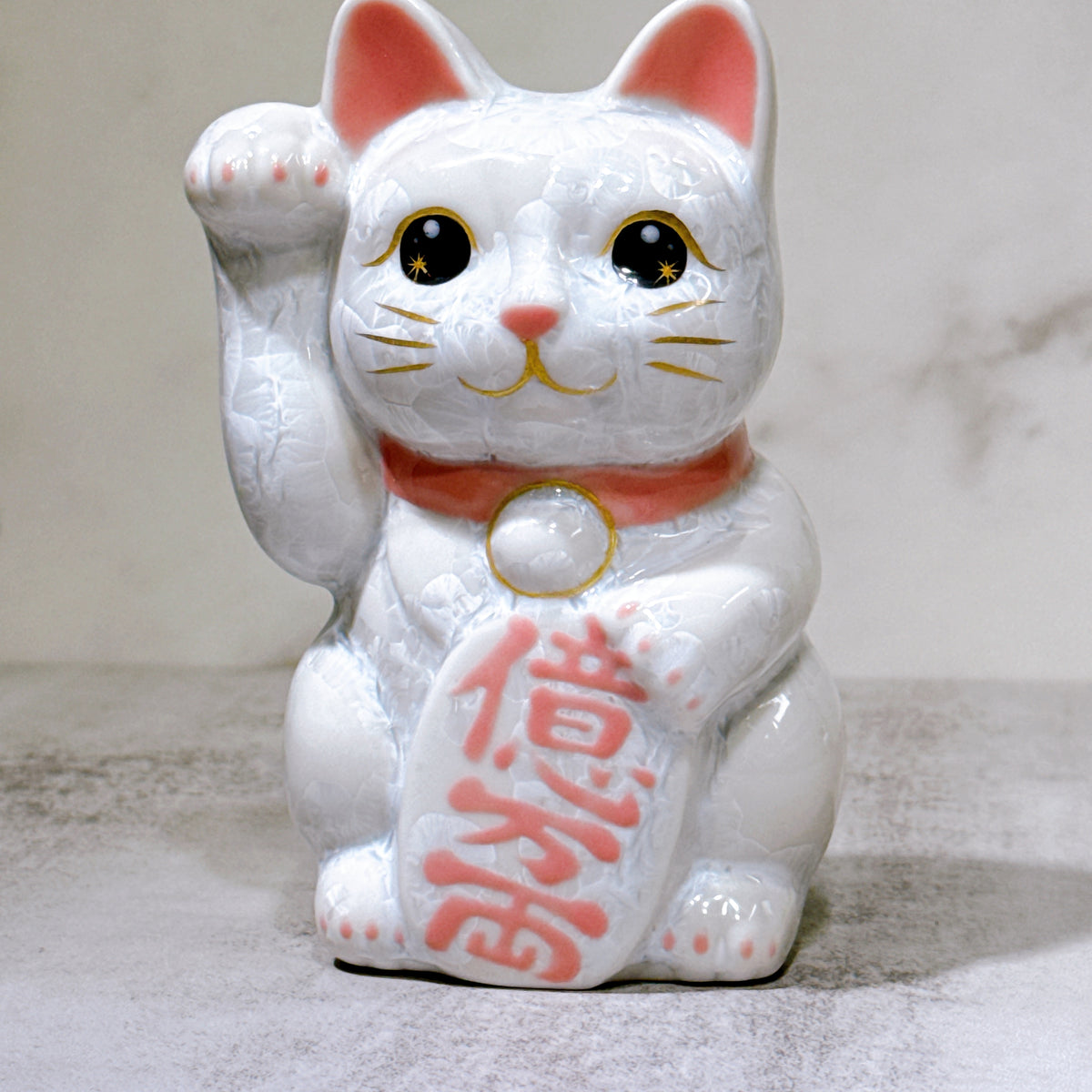 日本清水燒招財貓 花結晶 白 右