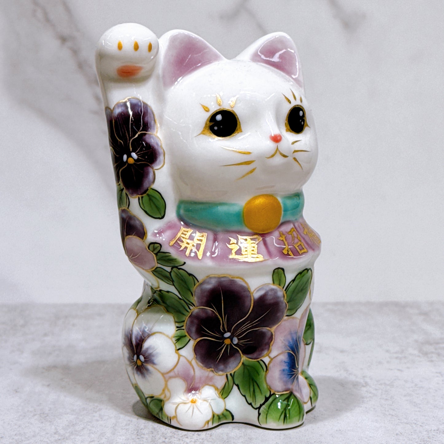 日本清水燒招財貓 色繪 白地 三色堇