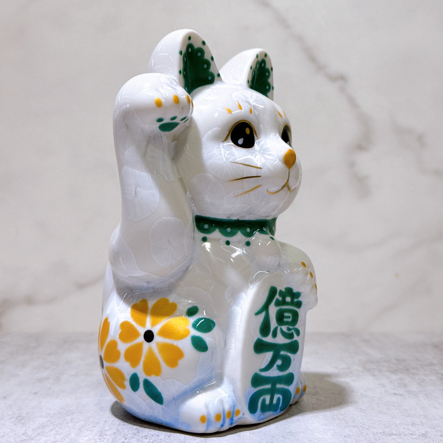 日本清水燒招財貓 花結晶 青白 億萬両 体花 右