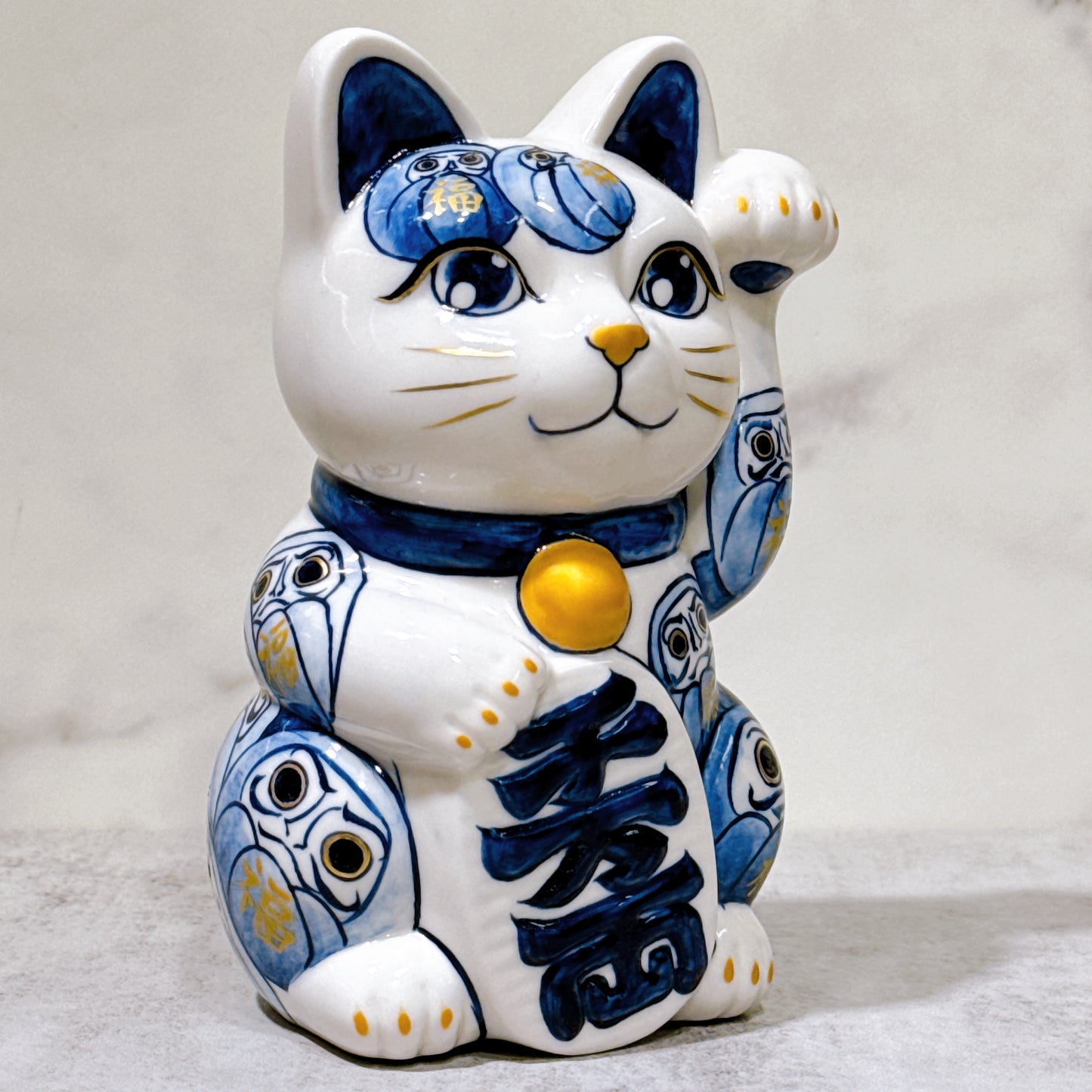 日本清水燒招財貓 染付 達摩 描詰 金彩