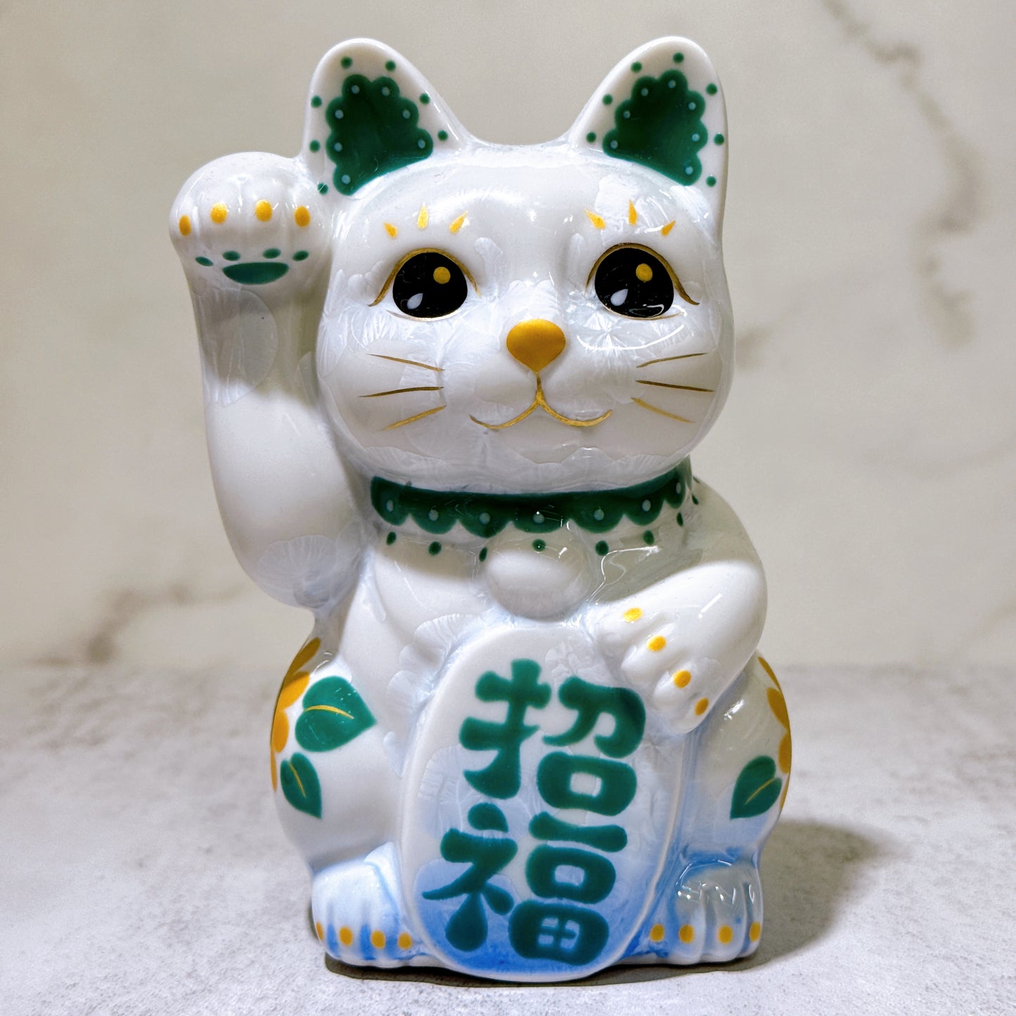 日本清水燒招財貓 花結晶 青白 招福 体花 右