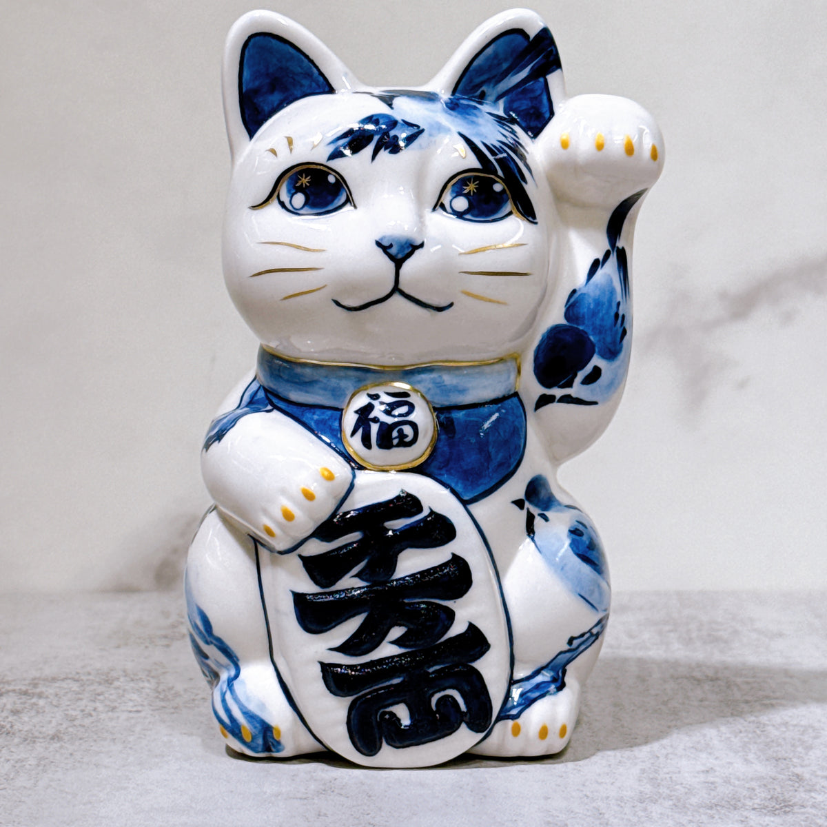 日本清水燒招財貓 染付 鳥 金彩