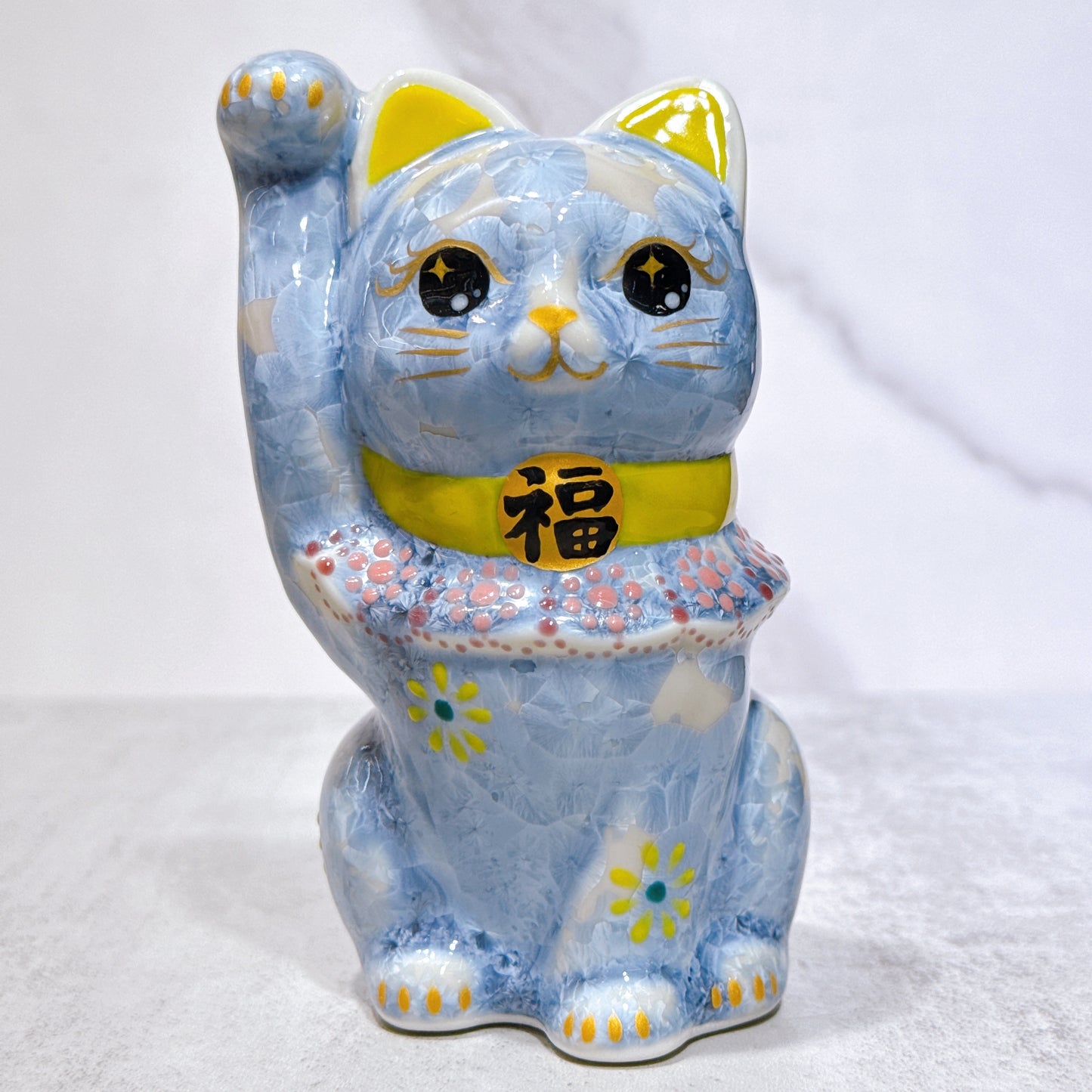 日本清水燒招財貓 花結晶 銀藤 招福