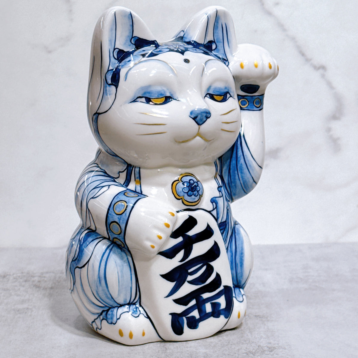日本清水燒招財貓 染付 金彩 觀音菩薩 特大