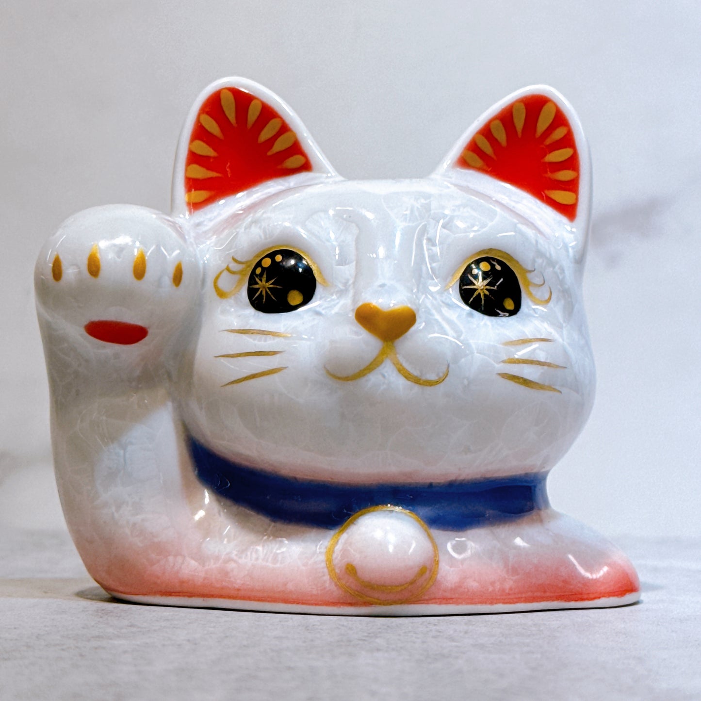 日本清水燒招財貓 貓半身 花結晶 桃白