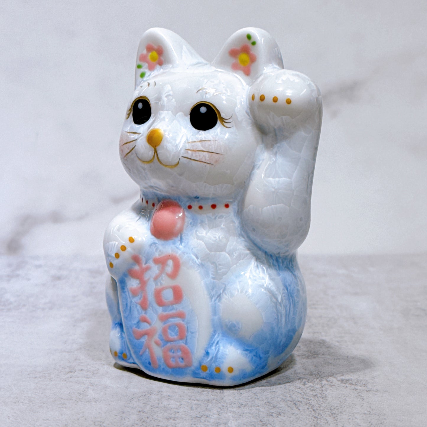 日本清水燒招財貓 花結晶 青白 左 特小